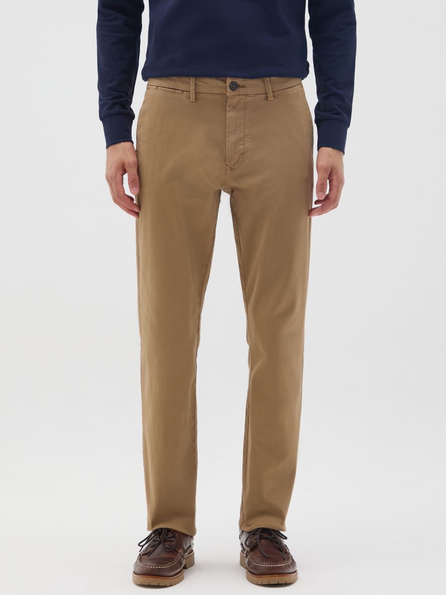 Brown slim fit stretch cotton trousers_1