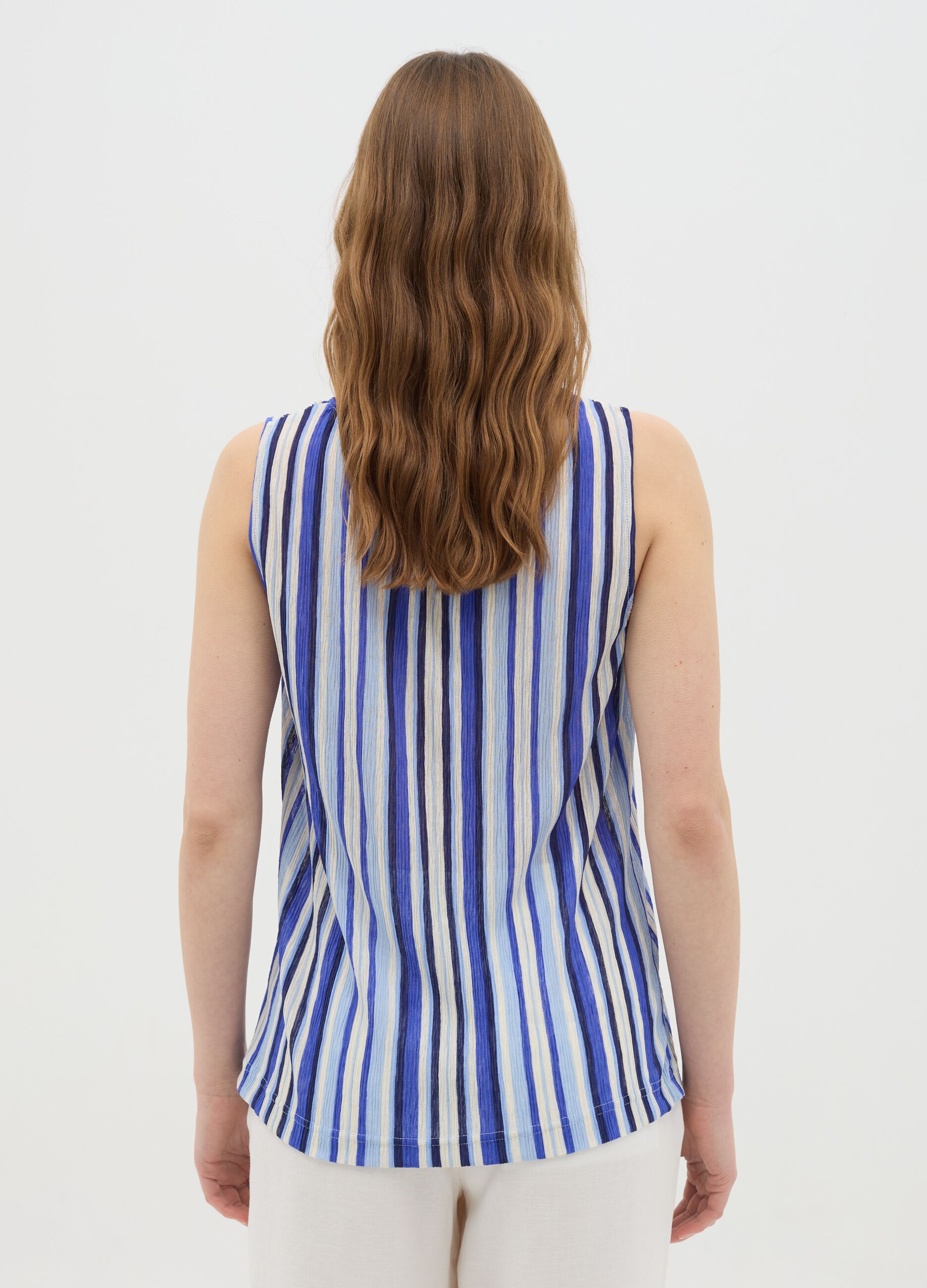 Blue Striped Tank Top in Mixed Fabric