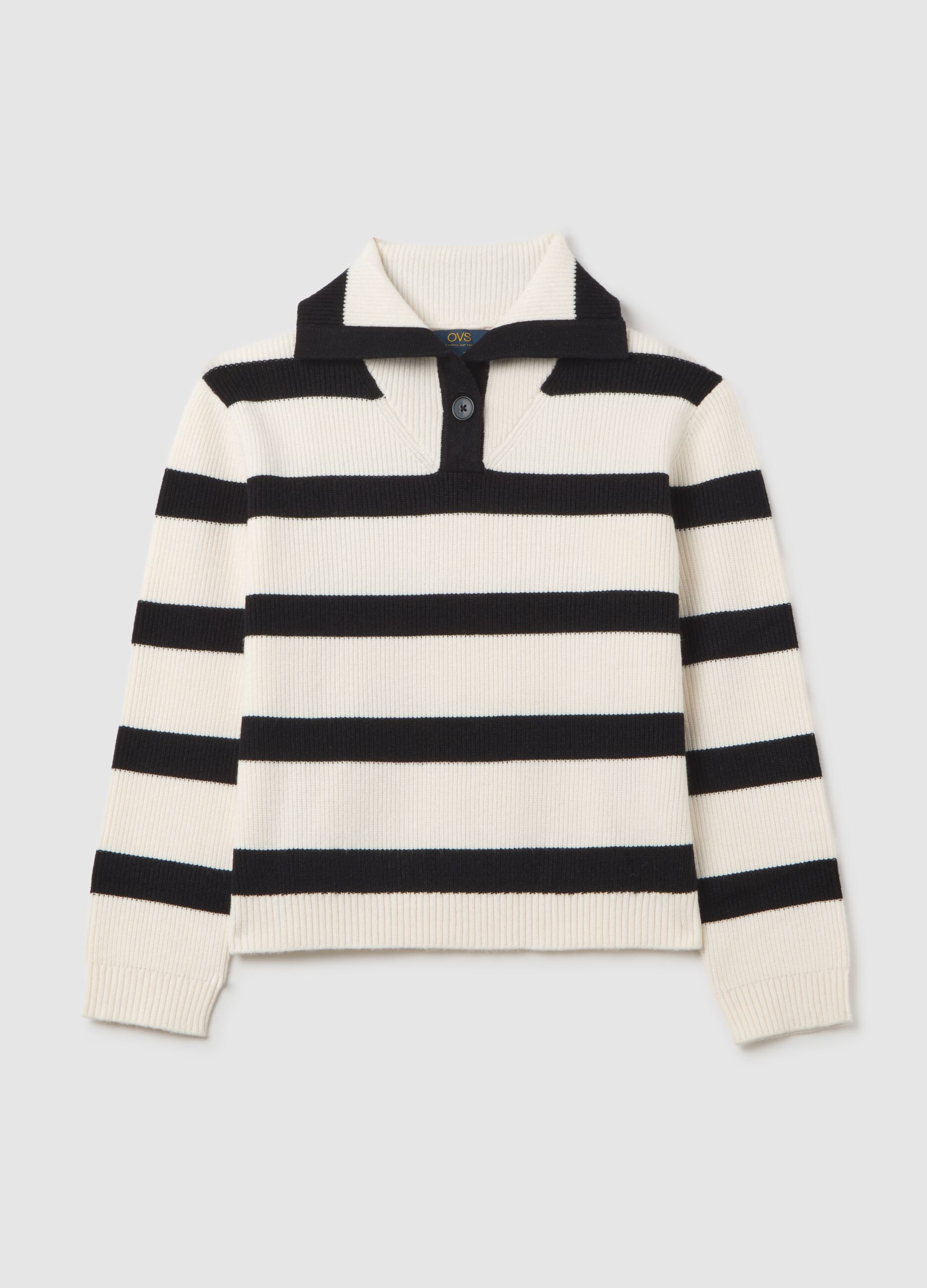 White jumper with black stripes and collar