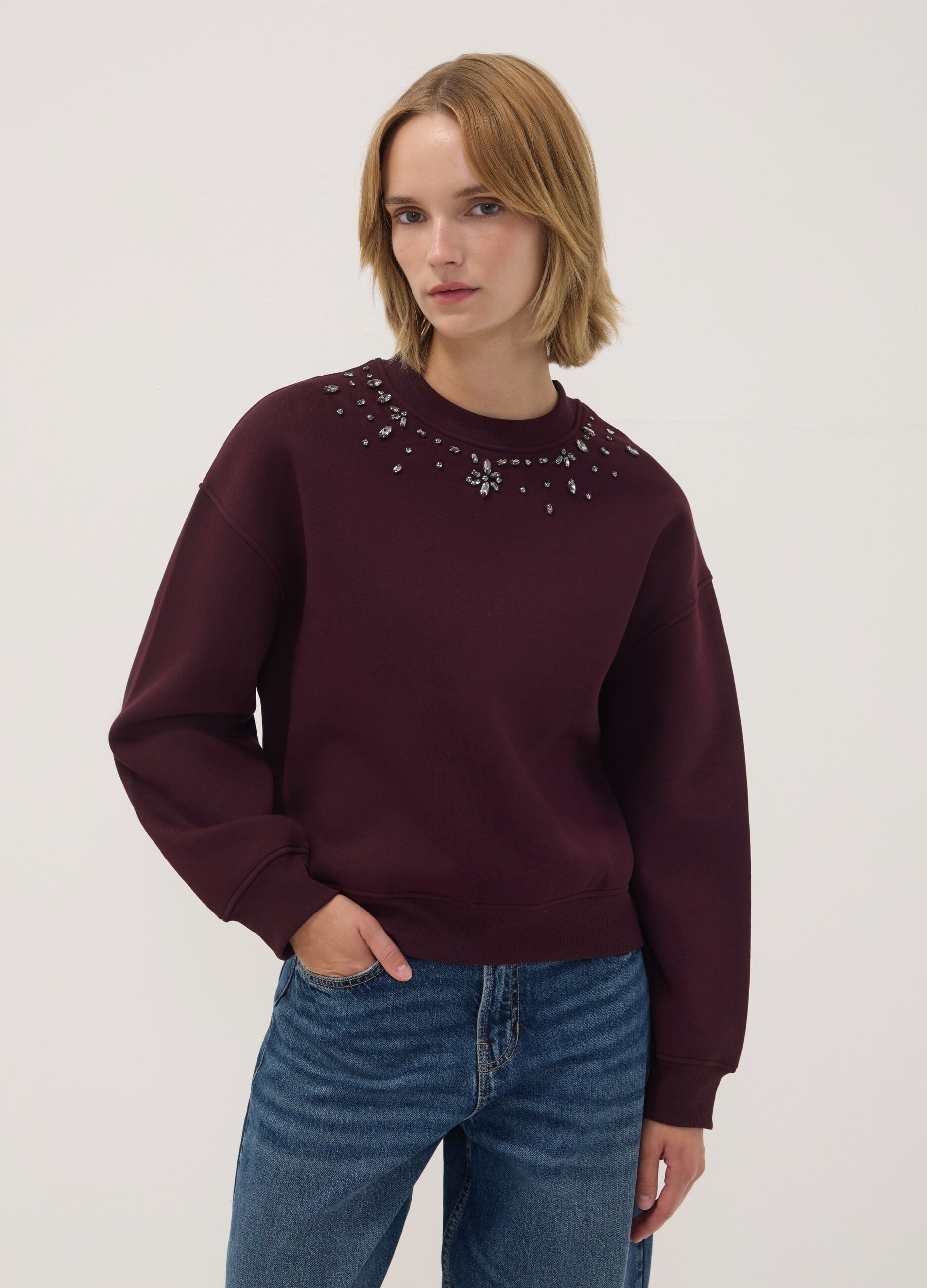 Red relaxed-fit cotton-blend crew-neck sweatshirt with rhinestones