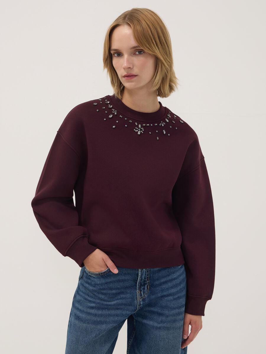 Felpa rossa girocollo in misto cotone con strass relaxed fit_0