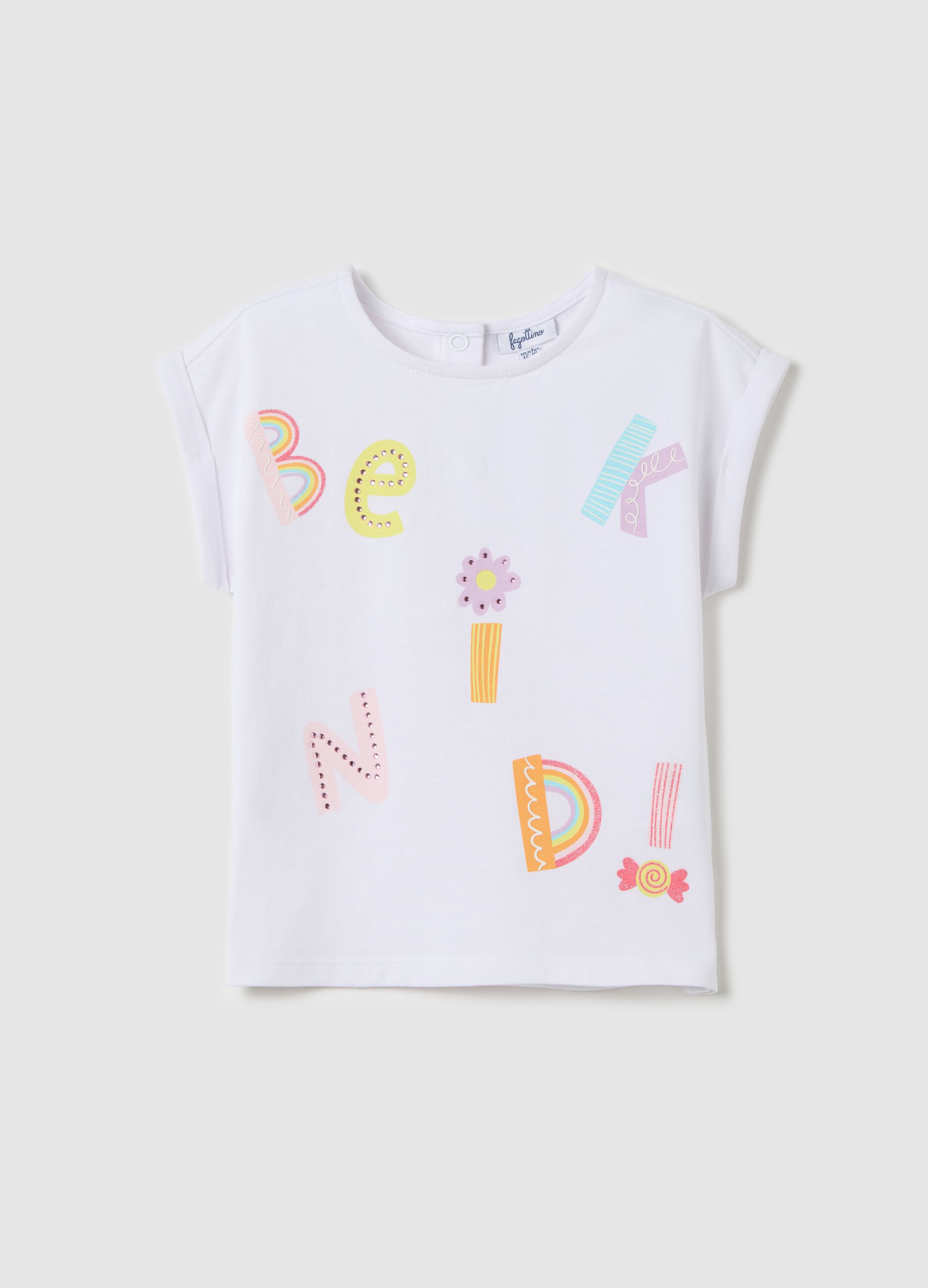 White T-shirt with print and diamanté application