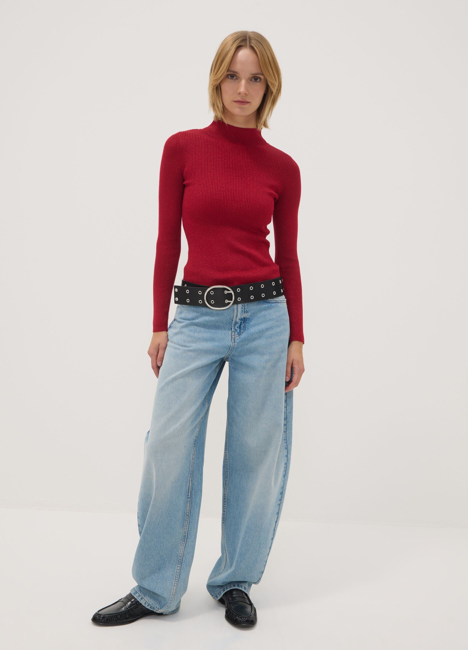 Red ribbed viscose-blend top with high neck