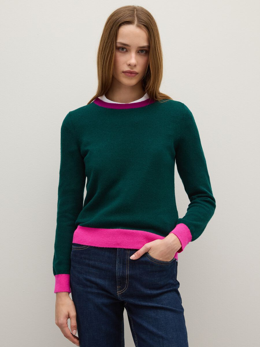 Green pure wool jumper with contrast cuffs_1