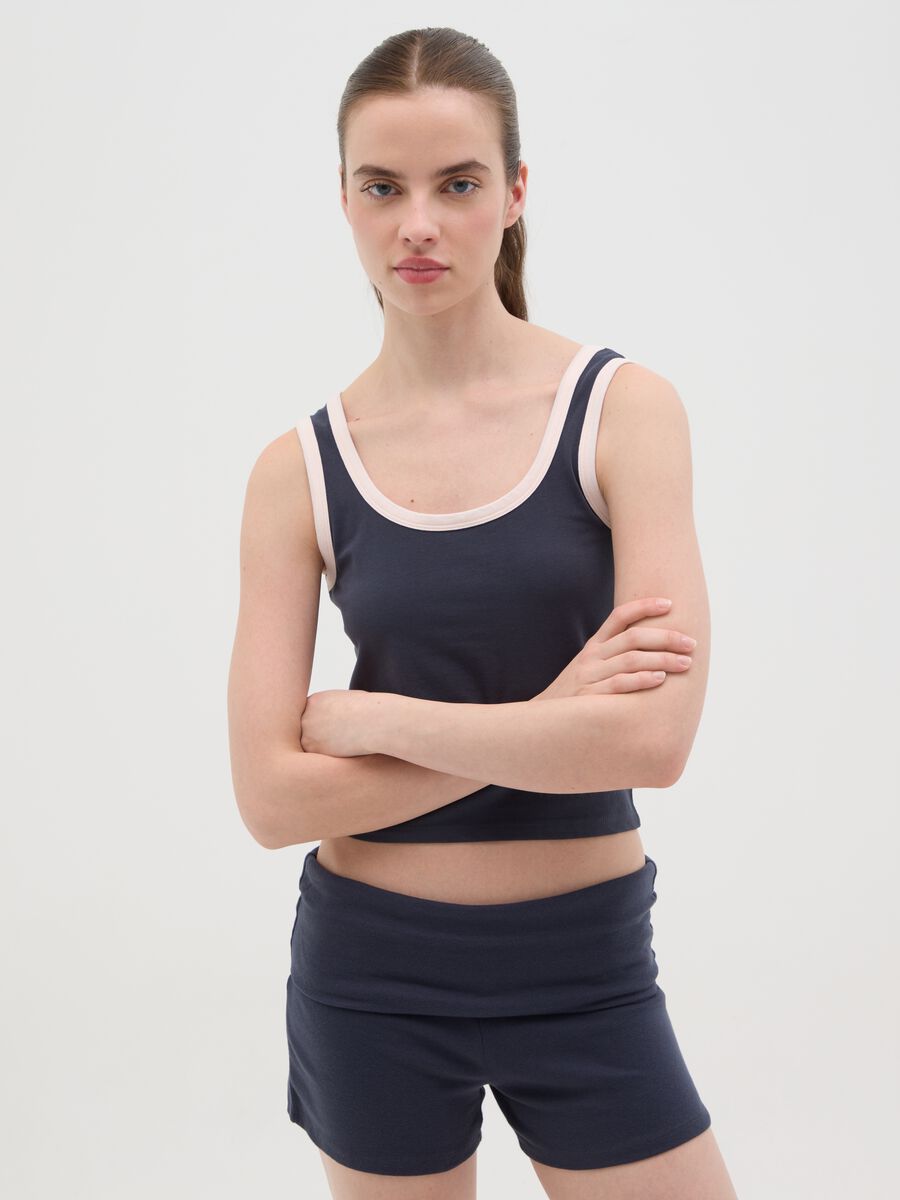 Navy blue tank top with pink trim in stretch cotton_0