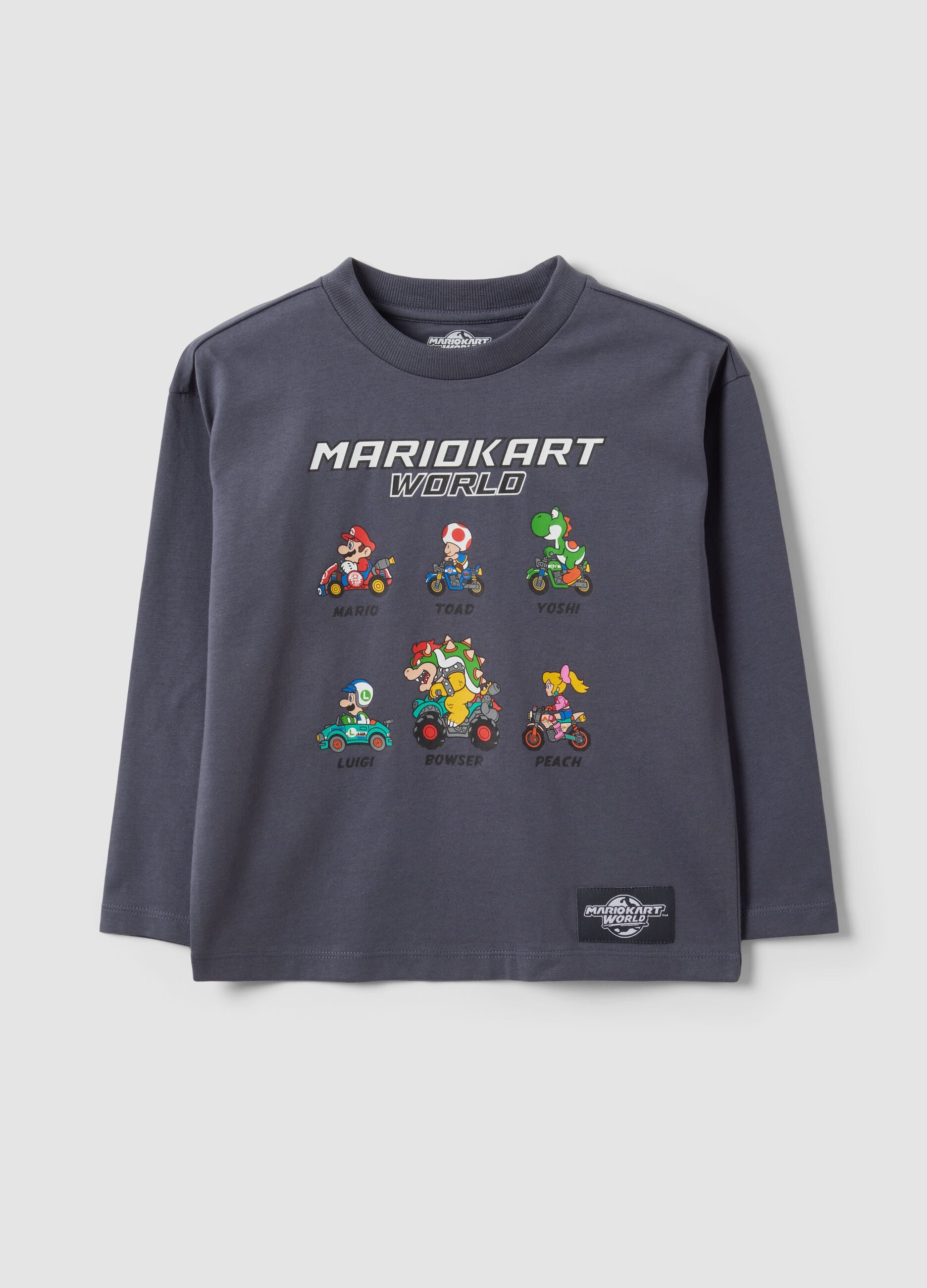 T-shirt grigia in puro cotone con girocollo stampa Mario Kart