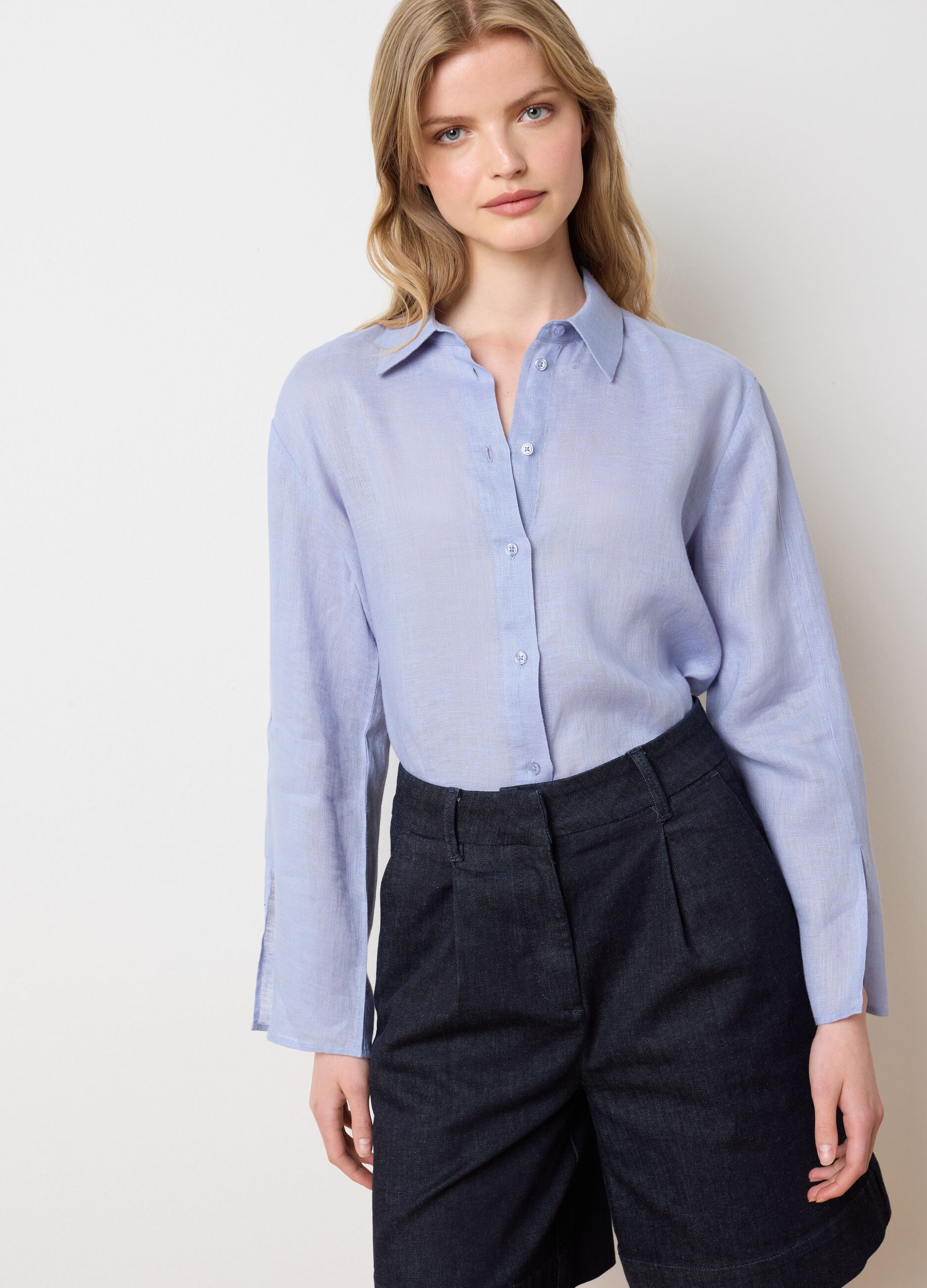 Women's Long Oversized Blue Pure Linen Shirt