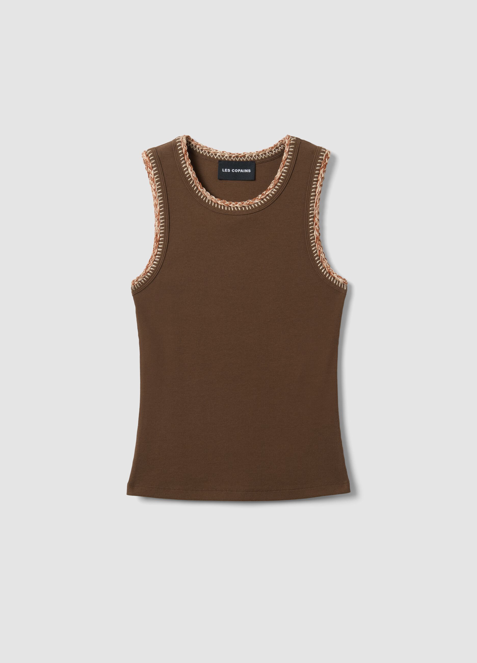 Brown Stretch Cotton Tank Top with Regular Fit and Embroidered Edges