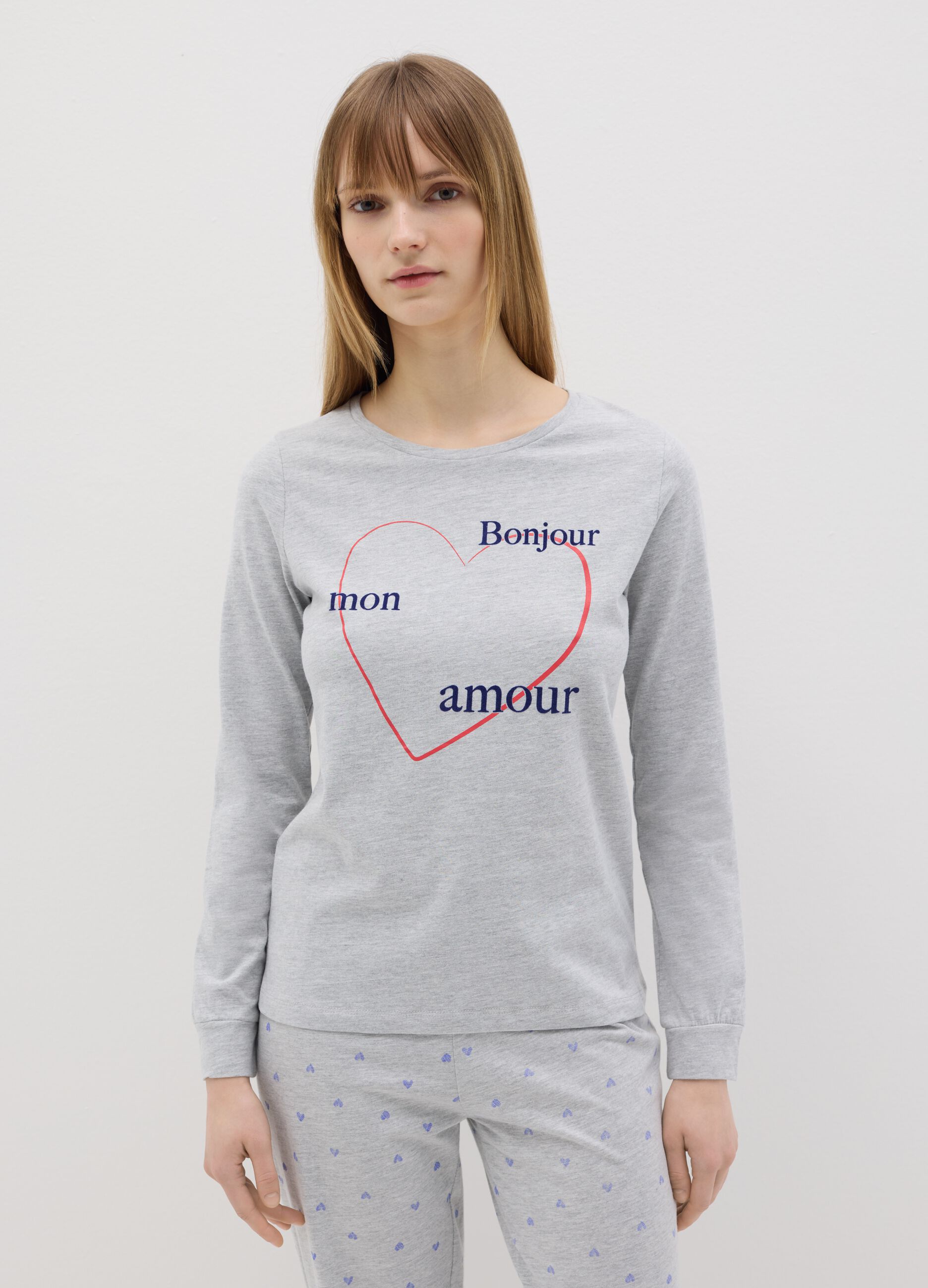 Grey 100% cotton pyjamas with "Bonjour Mon Amour" print
