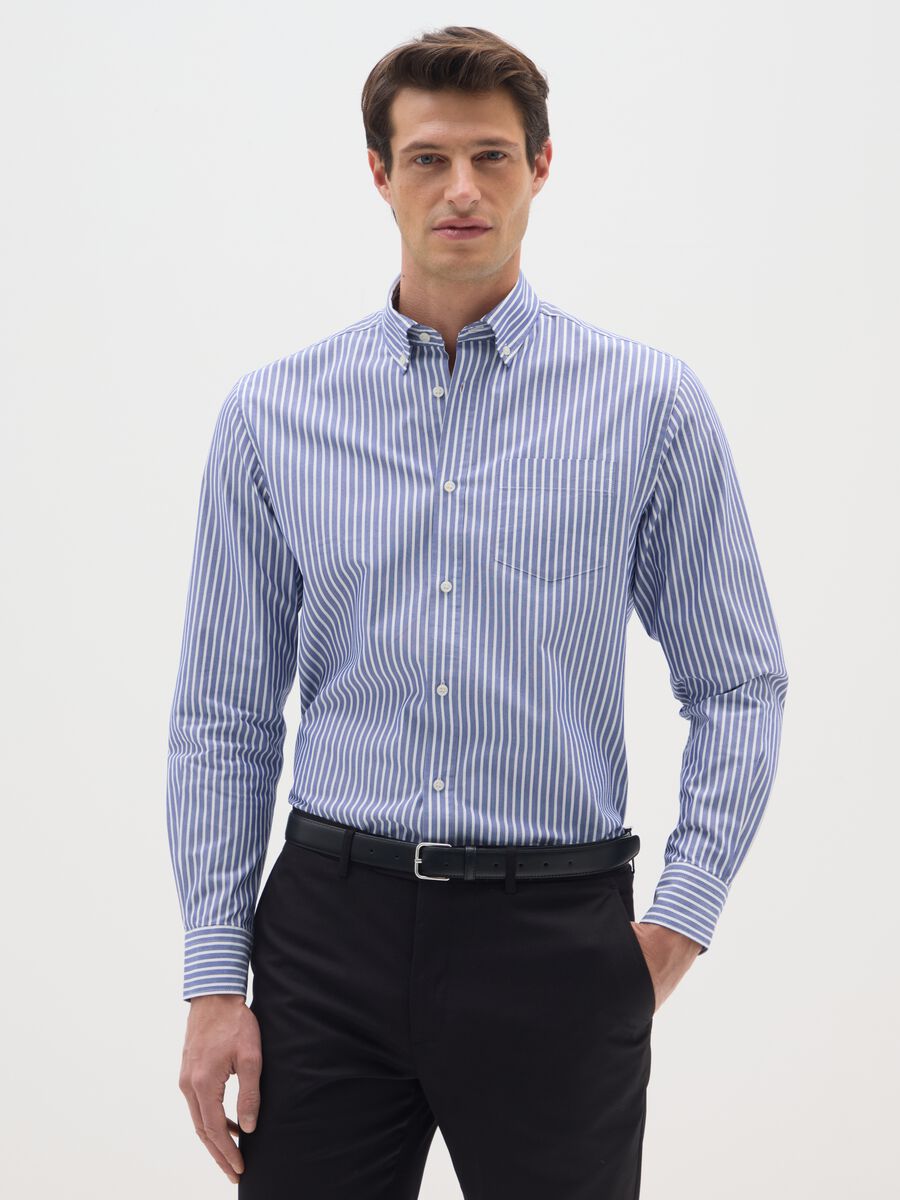 Blue Cotton Blend Regular Fit Shirt_0