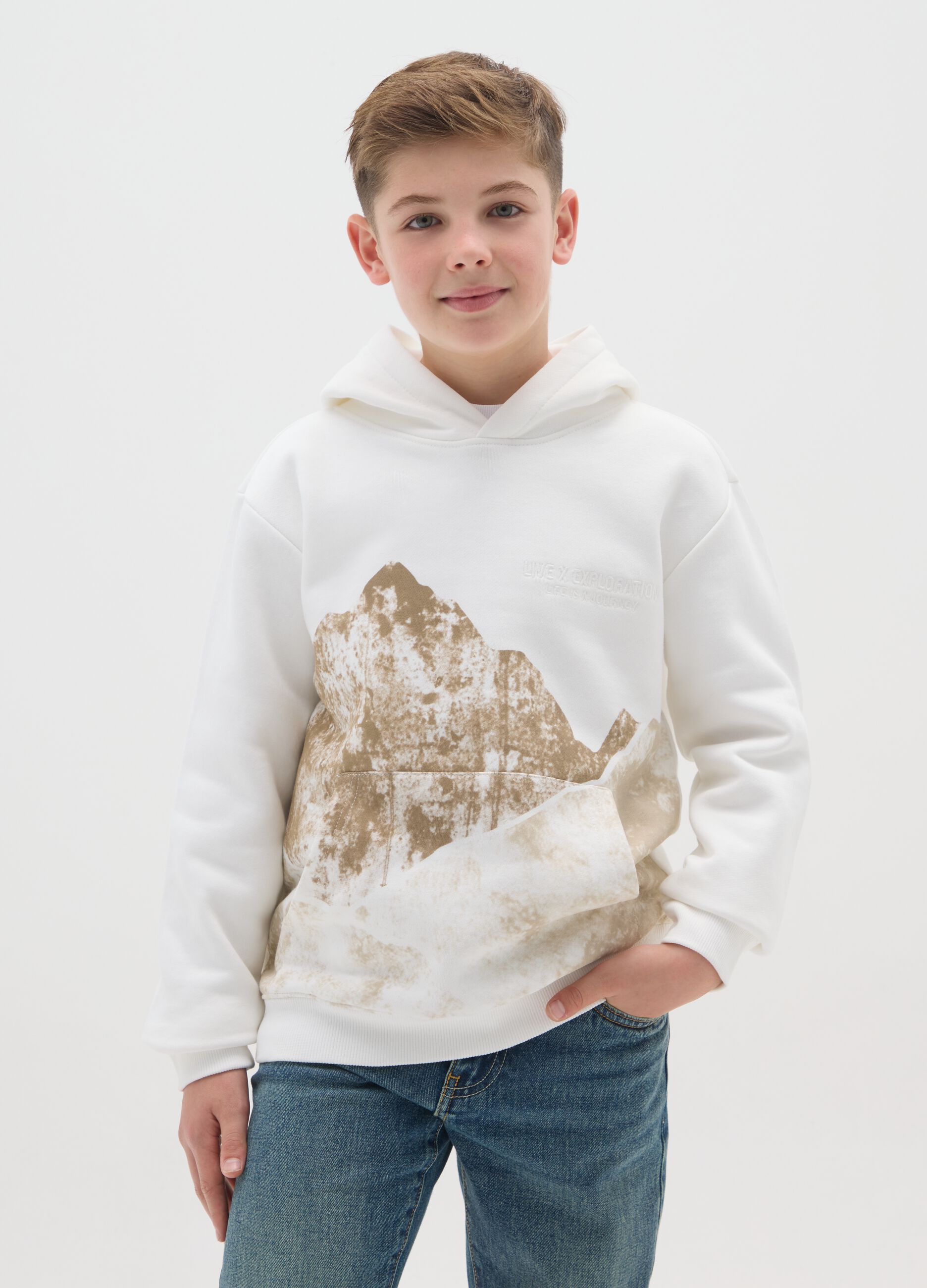 White Hooded Sweatshirt for Boys in Cotton Blend Relaxed Fit