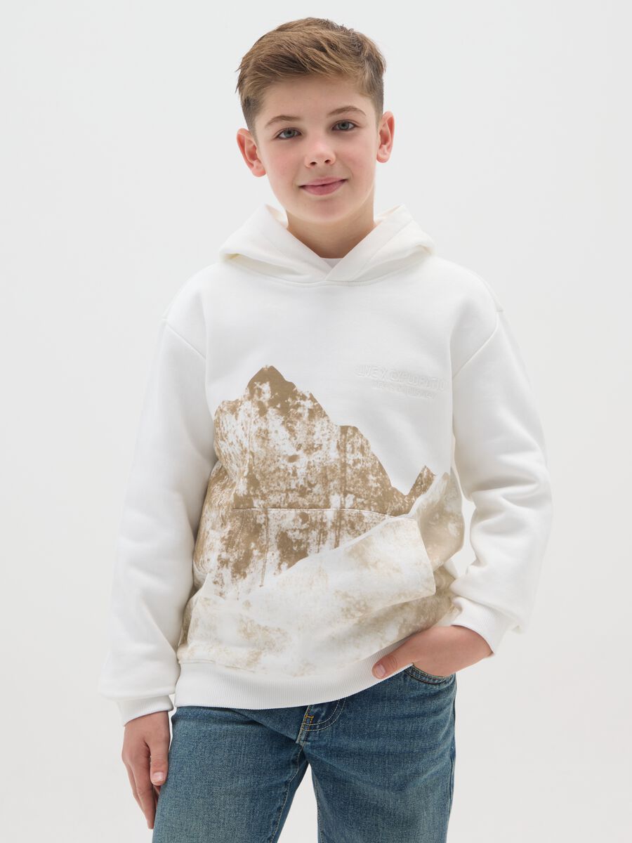 Felpa con cappuccio bianca da ragazzo in misto cotone relaxed fit_0