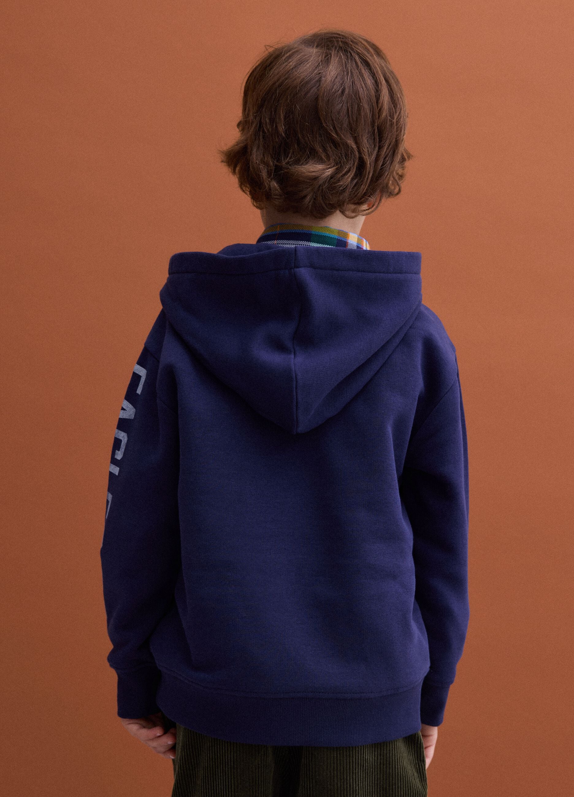 Navy blue hooded cotton-blend sweatshirt with crew neck