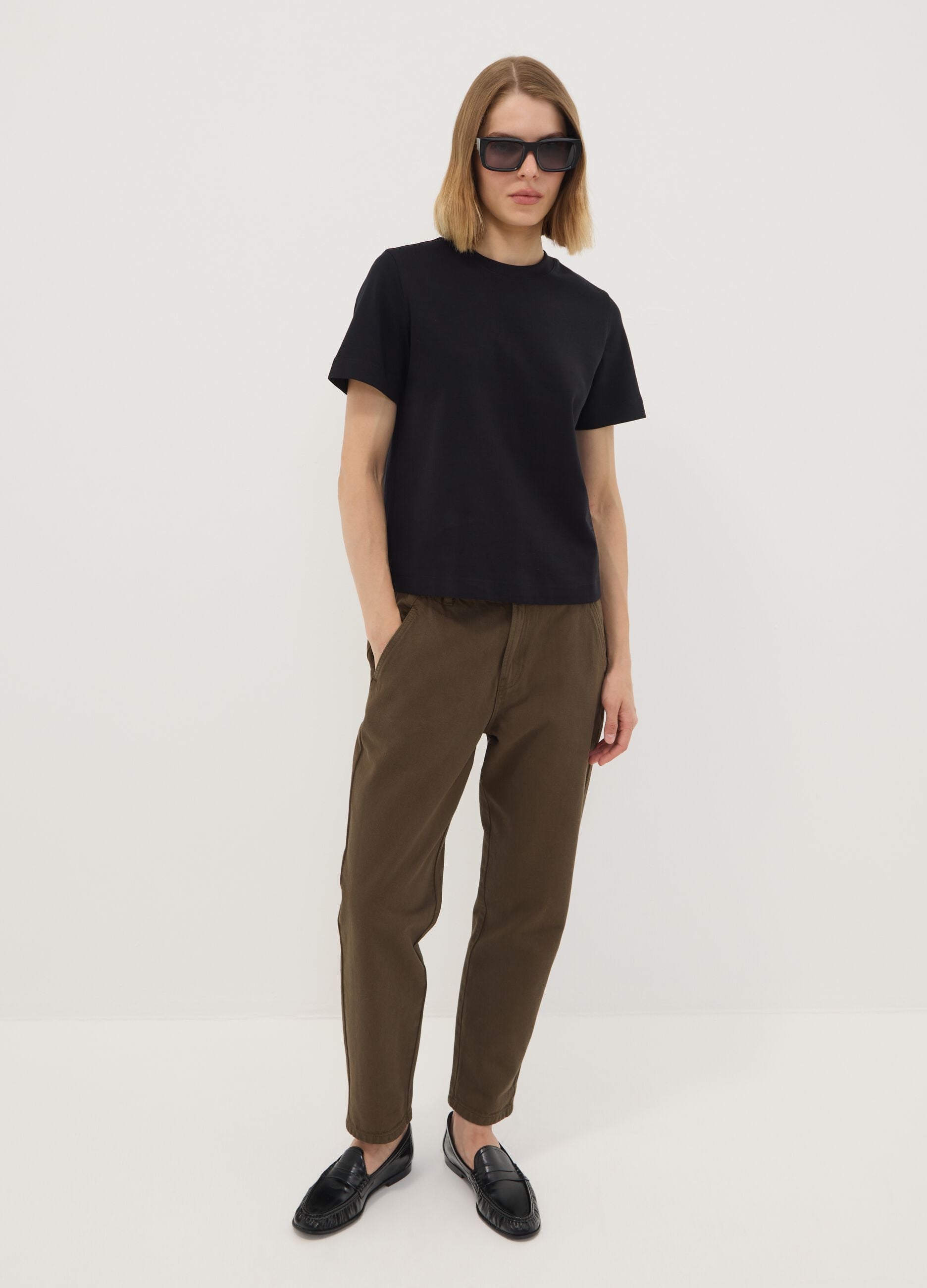 Brown denim baggy-fit jeans in pure cotton with paperbag waist