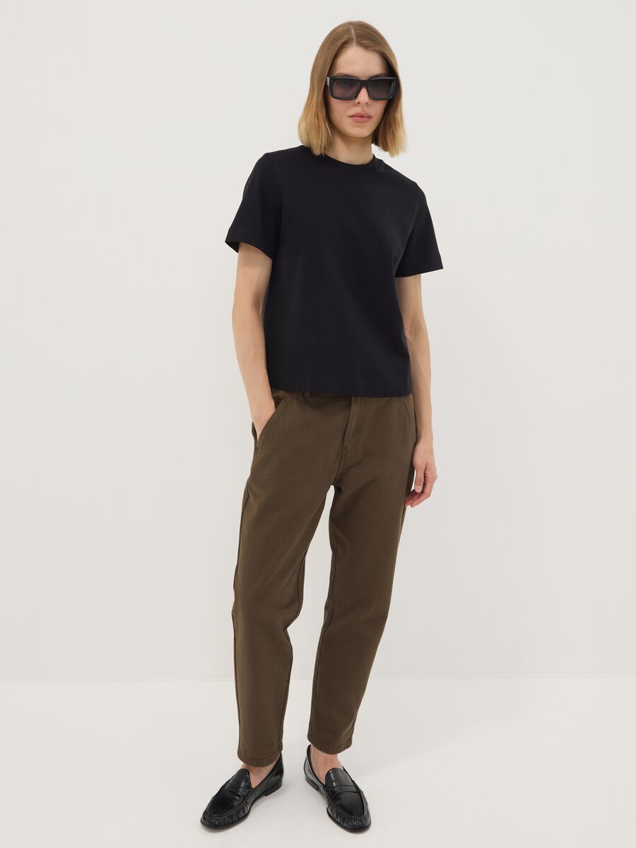 Jeans denim marrone baggy fit in puro cotone con vita paper bag_0