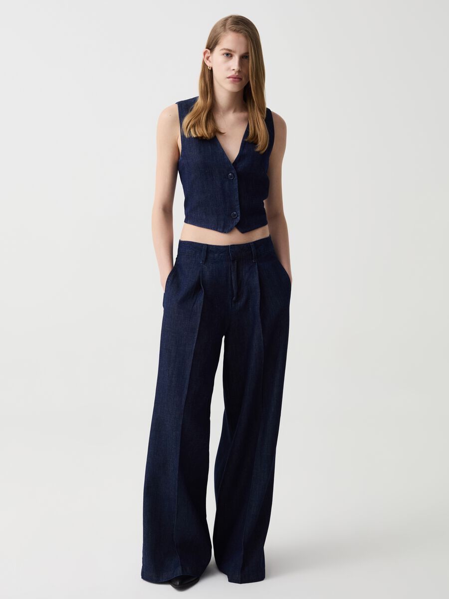 Wide-leg palazzo trousers in denim with darts_0