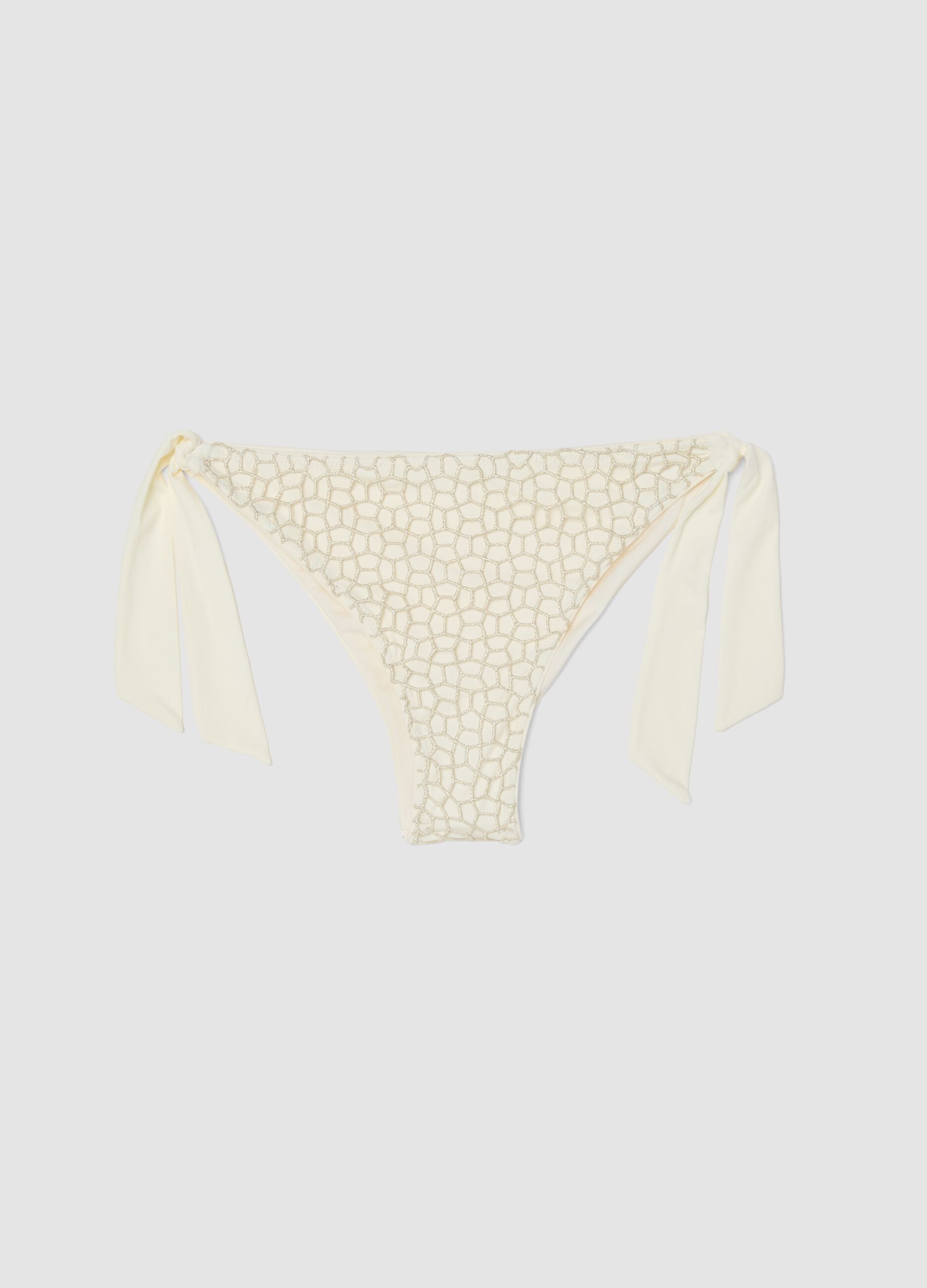 White bikini bottoms with mesh-effect embroidery and tie sides