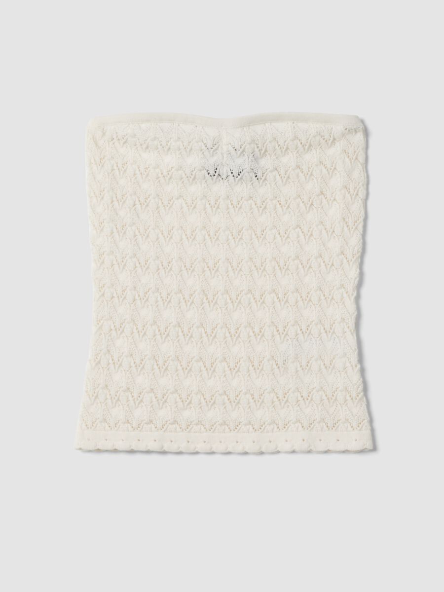 White pure cotton bandeau top with openwork knit_0