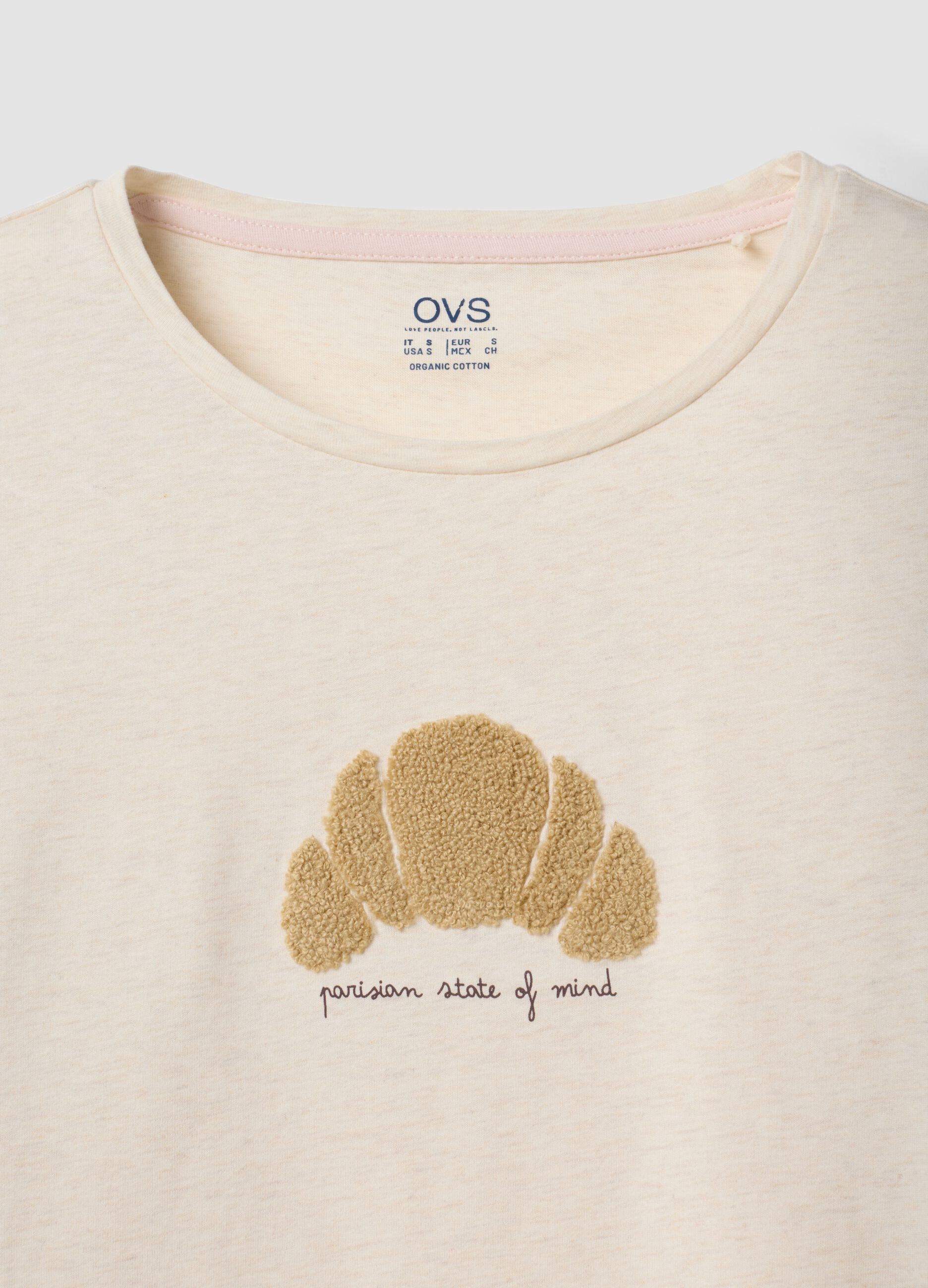Beige organic cotton pyjamas with raised croissant embroidery