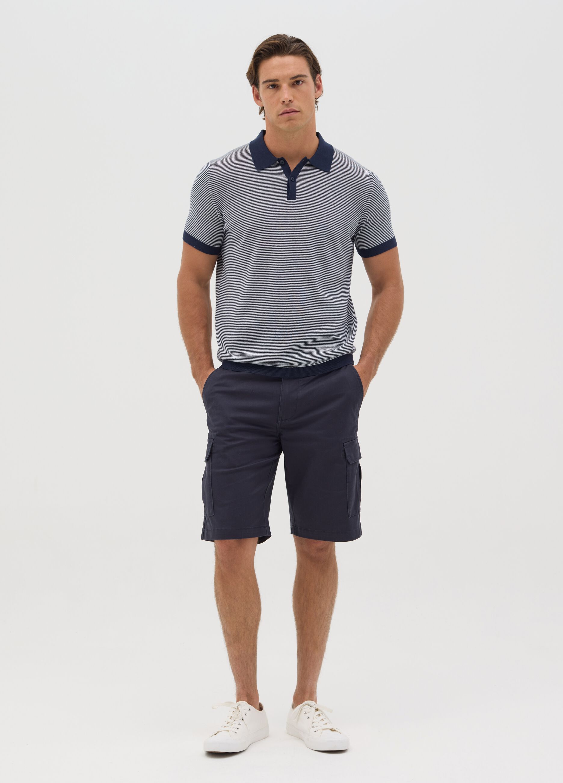 Blue stretch cotton cargo Bermuda shorts