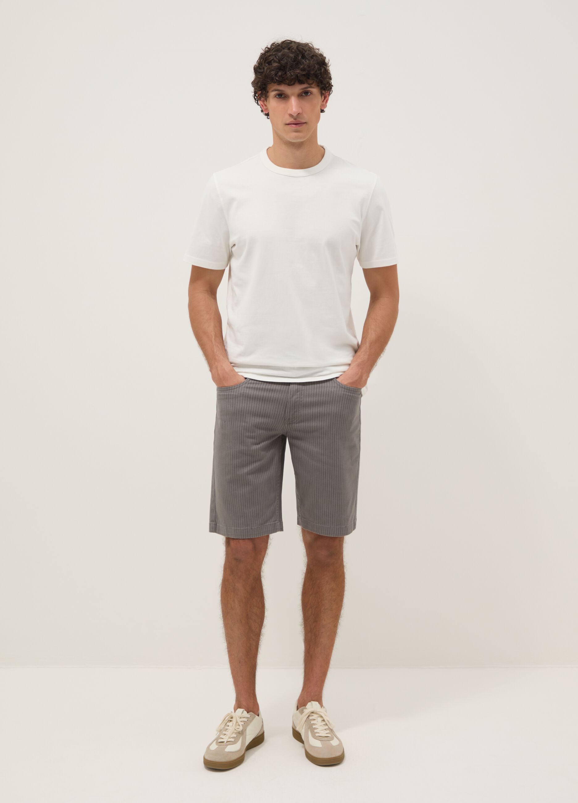 Grey striped stretch cotton Bermuda shorts