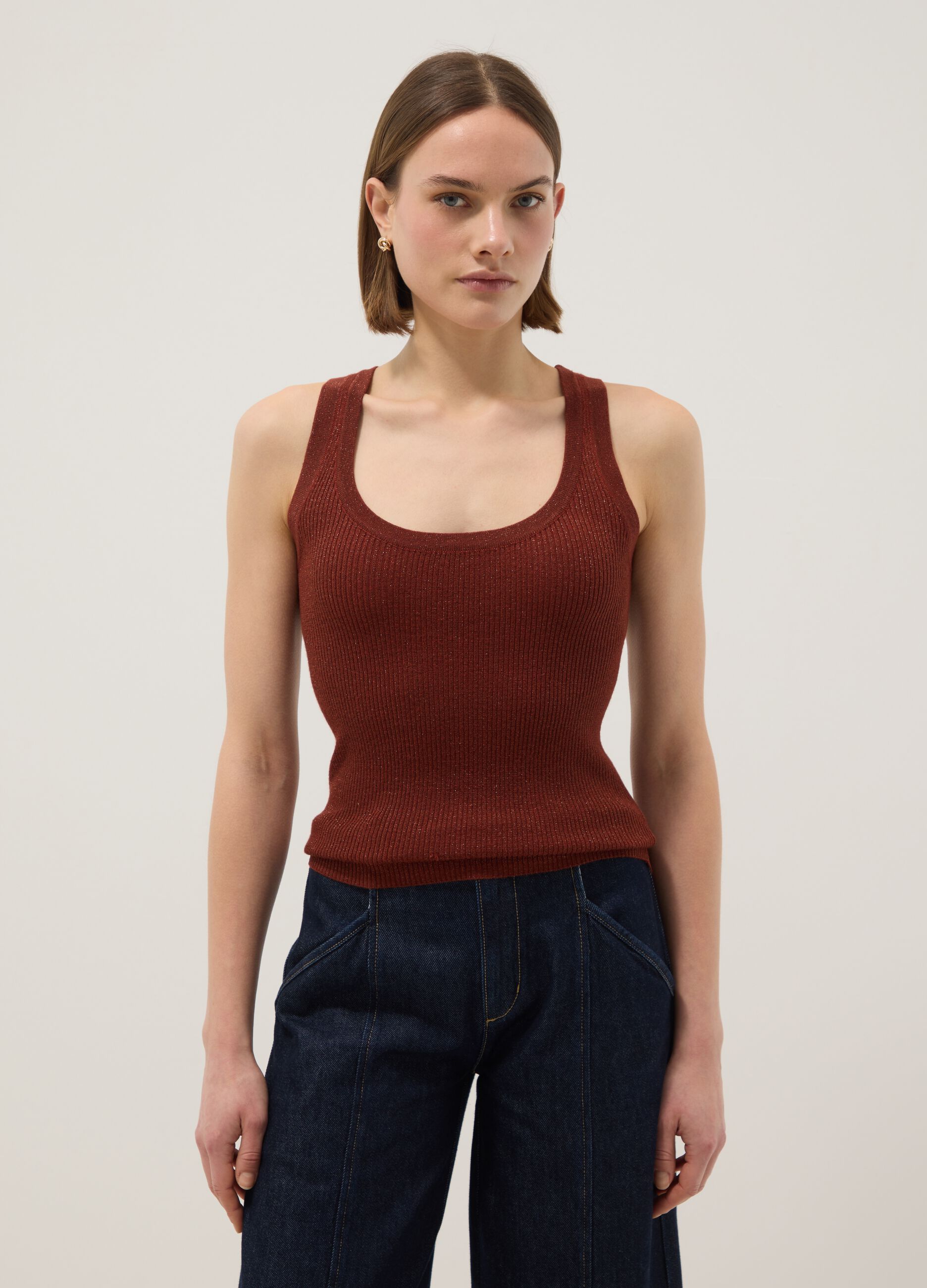 Brown viscose blend fitted tank top
