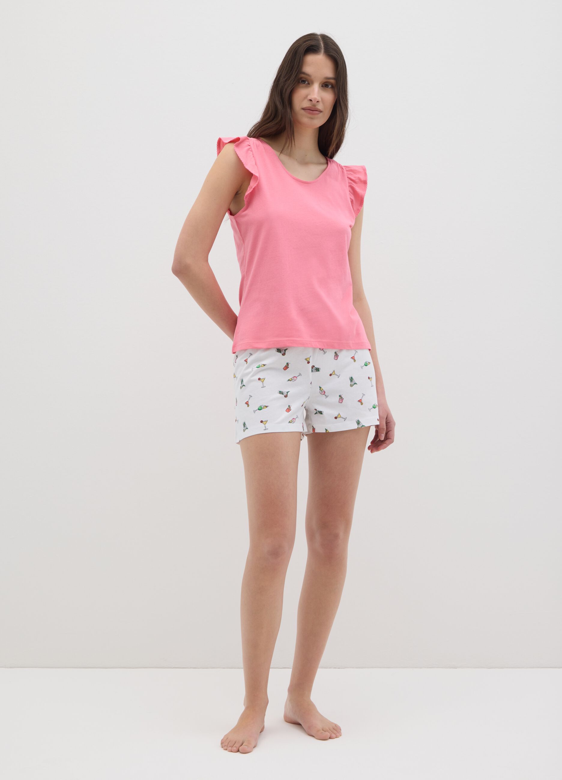 Women's multicolour pure cotton regular fit set with ruffled top and cocktail print shorts