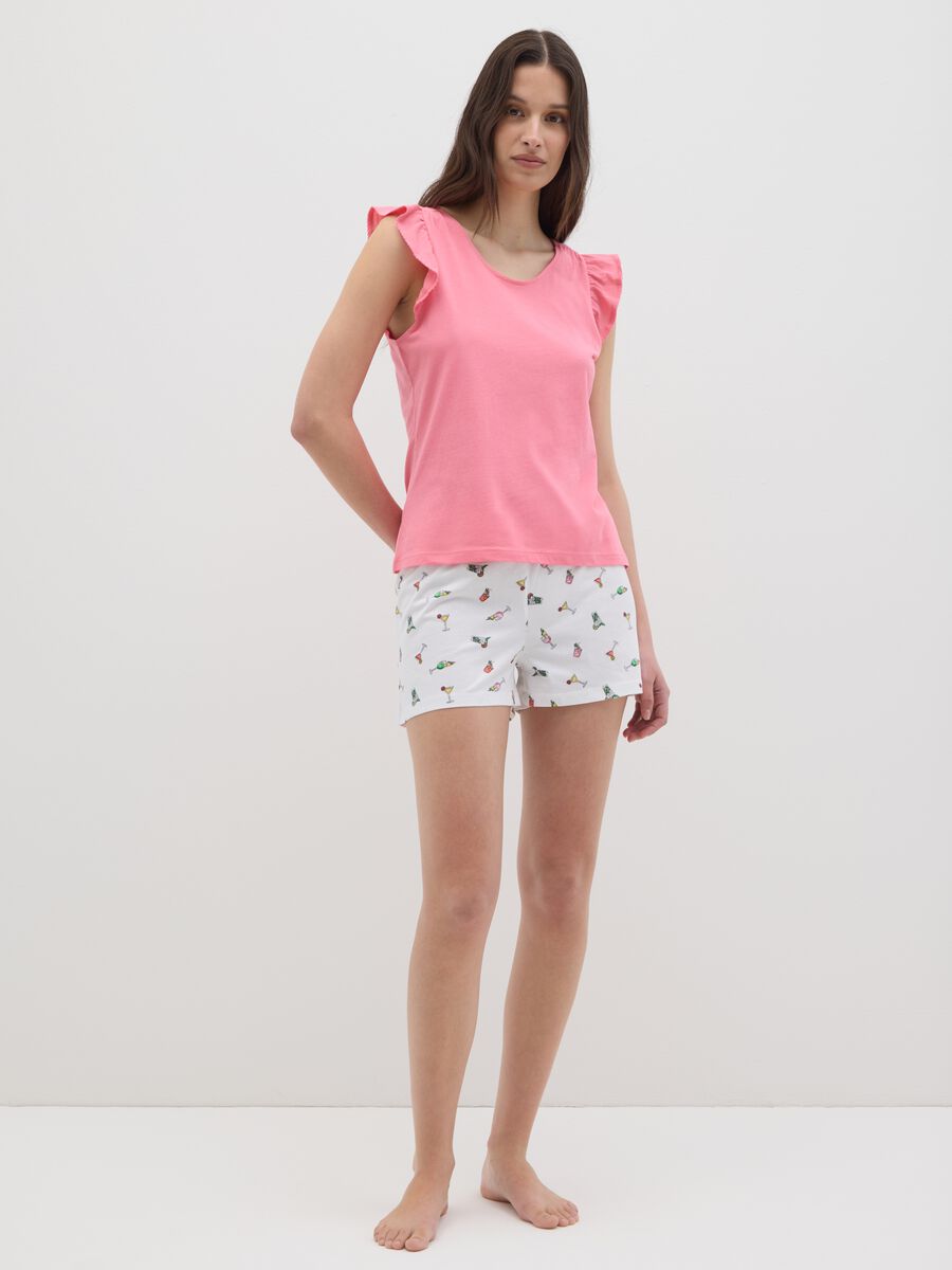Completo da donna in puro cotone multicolor regular fit con top a balze e pantaloncini con stampa cocktail_0