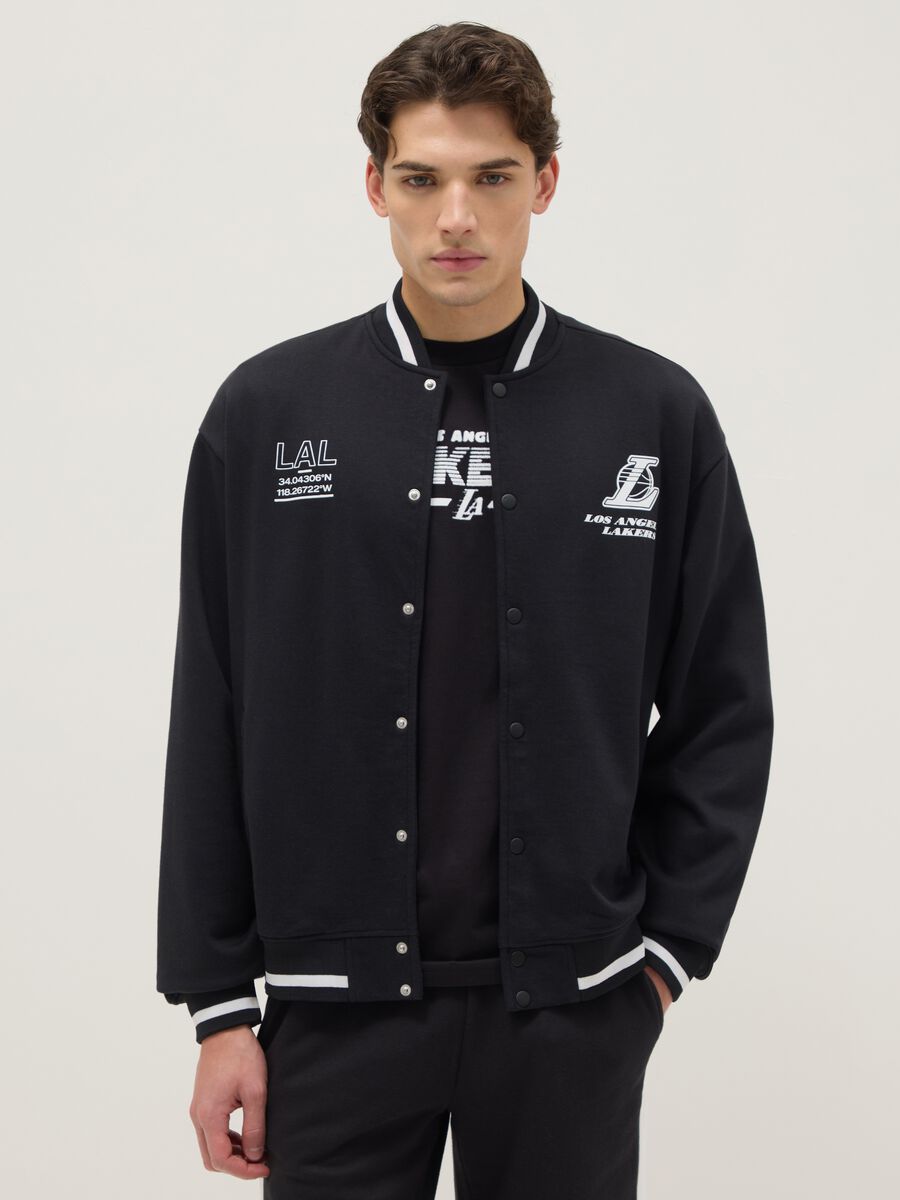 Black regular fit cotton blend jacket with Lakers logo_0