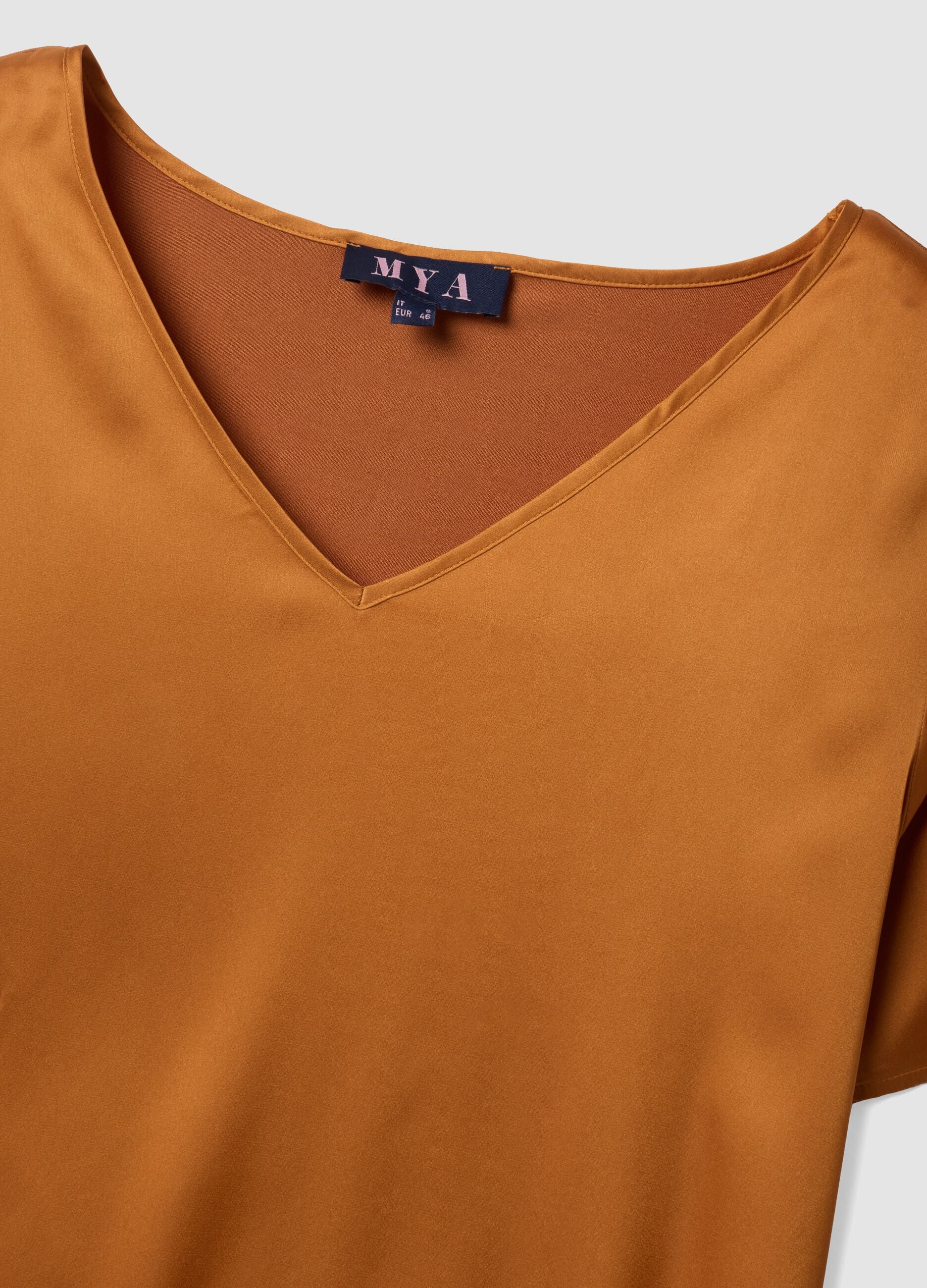 Brown satin V-neck stretch blouse, regular fit