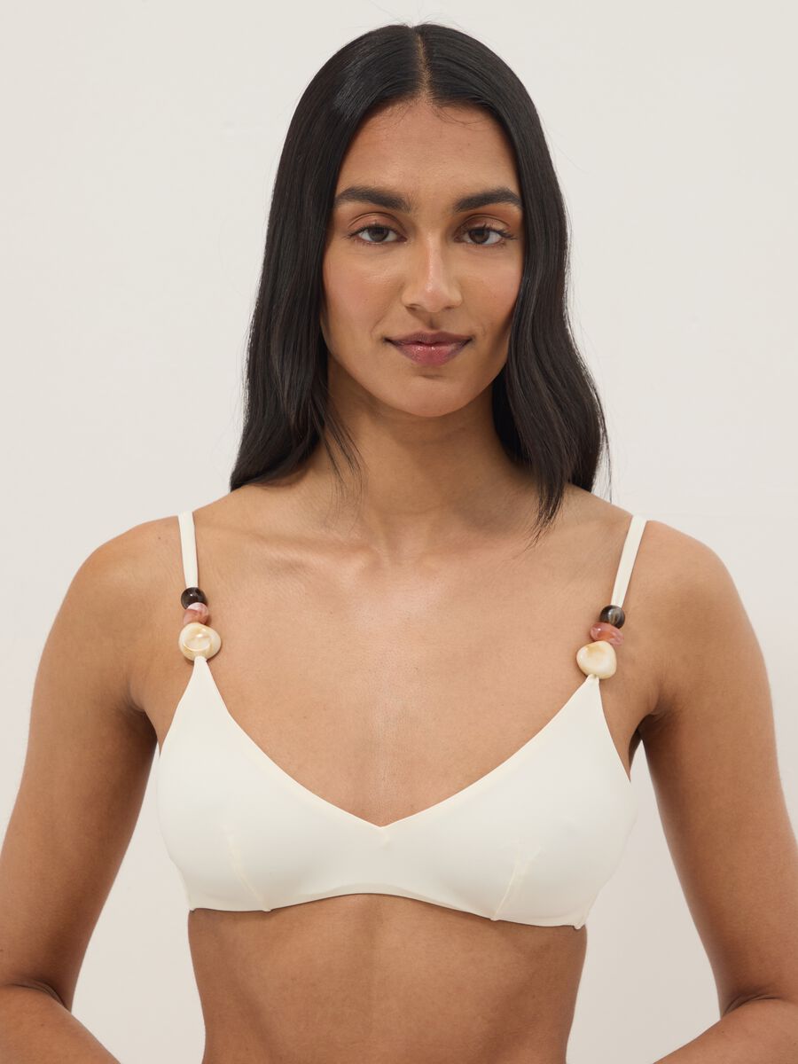 White stretch-fabric bikini top with embellished straps_0