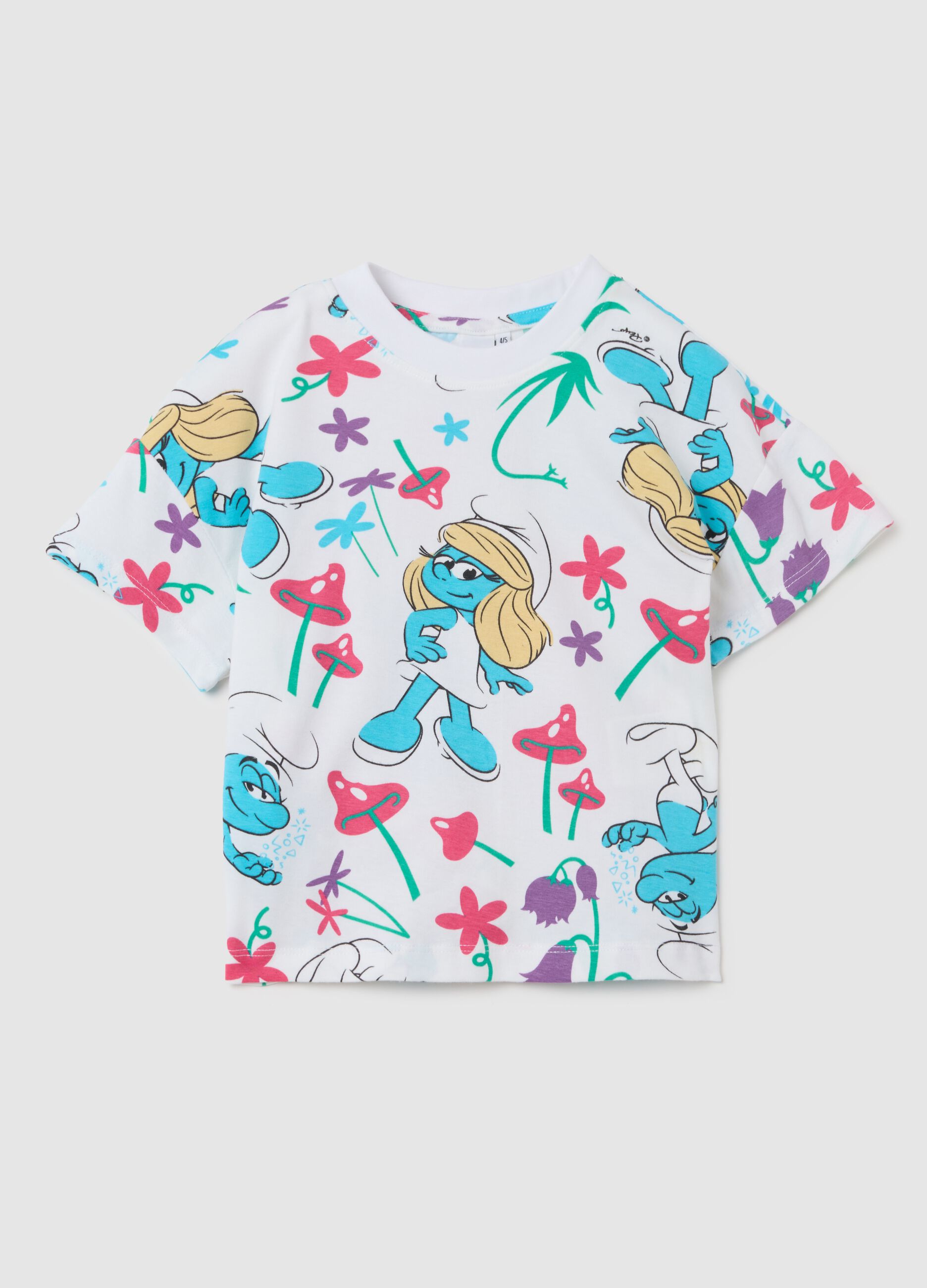 T-shirt da bambina in cotone multicolor regular fit con stampa Puffi