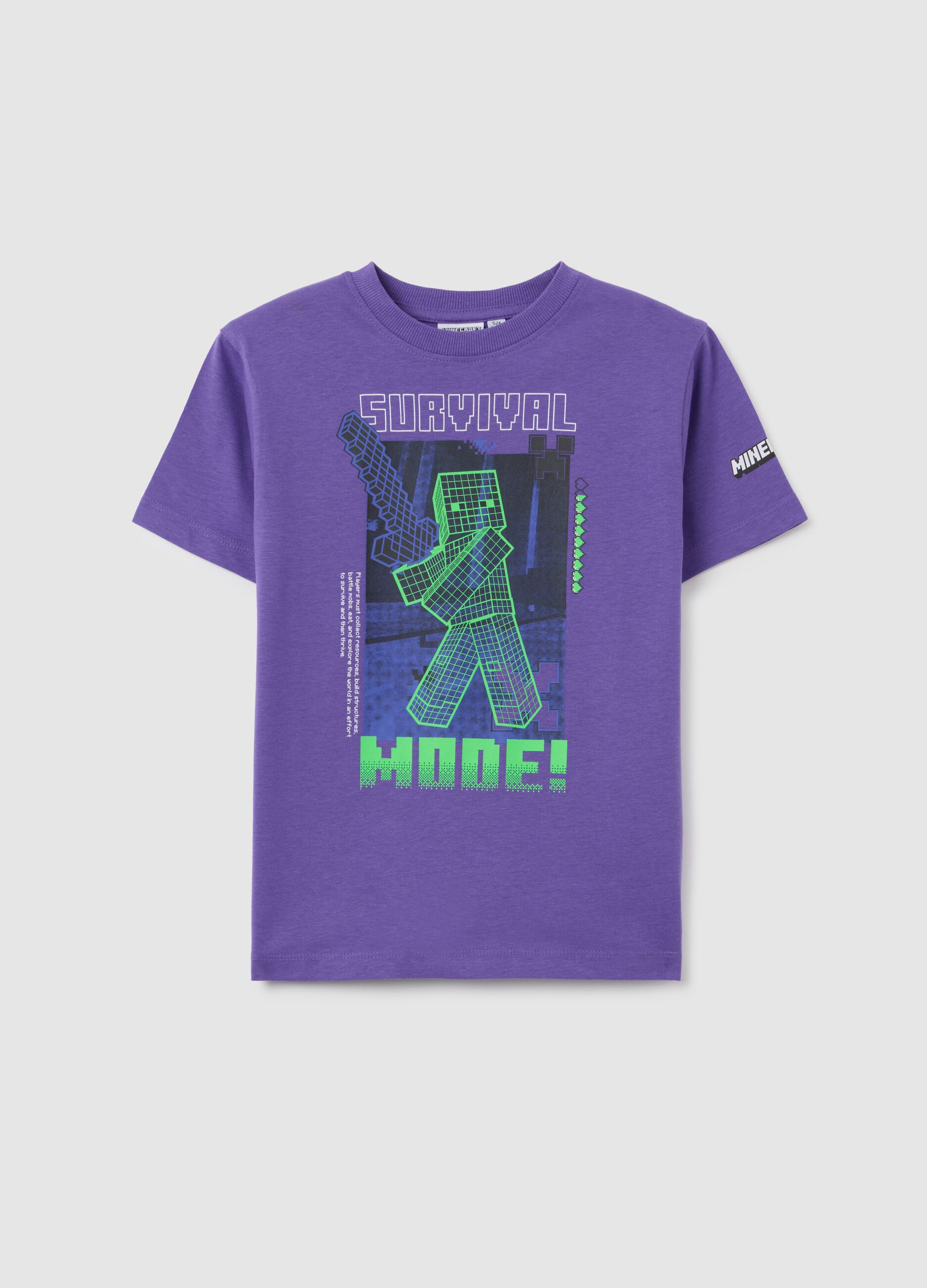 T-shirt da bambino in puro cotone viola regular fit con stampa Minecraft