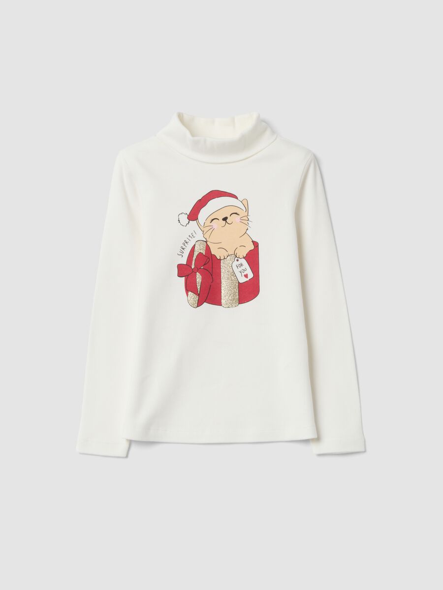 T-shirt bianca in puro cotone dolcevita con stampa_0