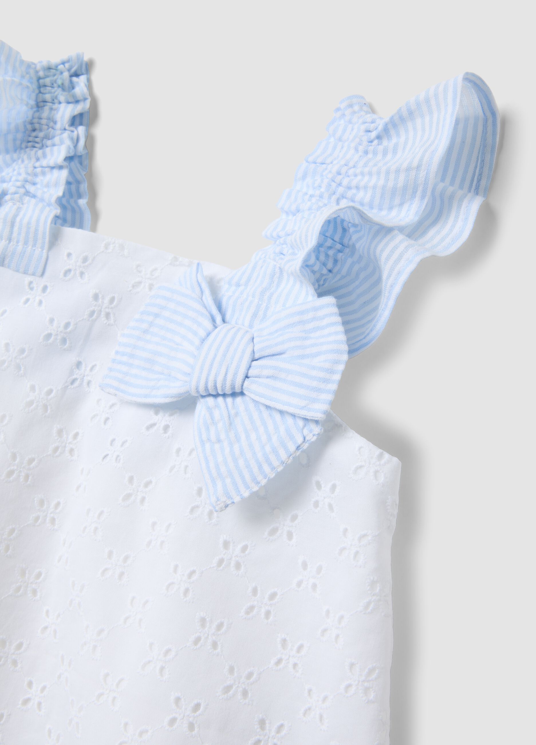 White pure cotton tank top with broderie anglaise and bow