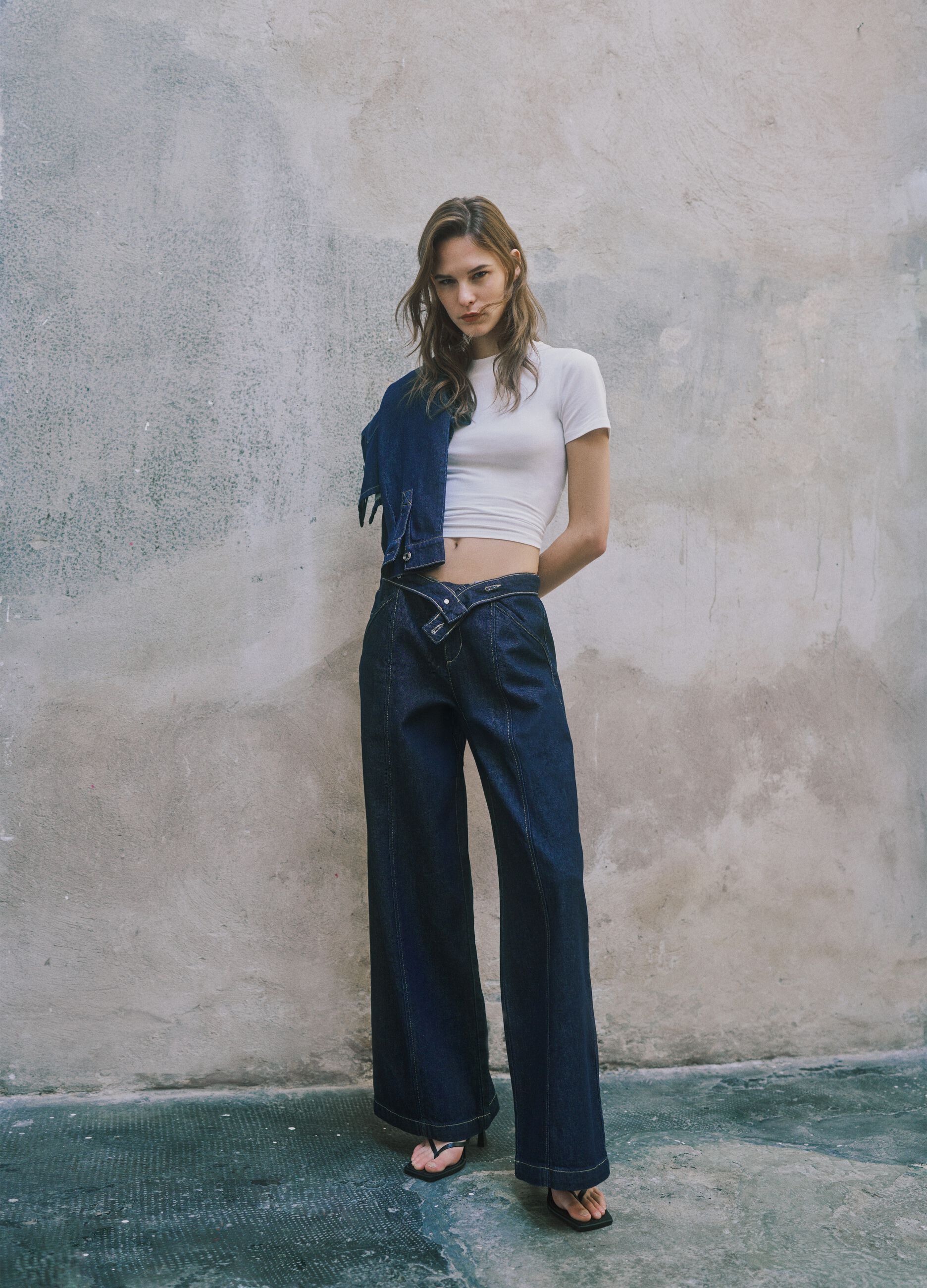 Blue Denim Wide Leg Trousers in Cotton Blend