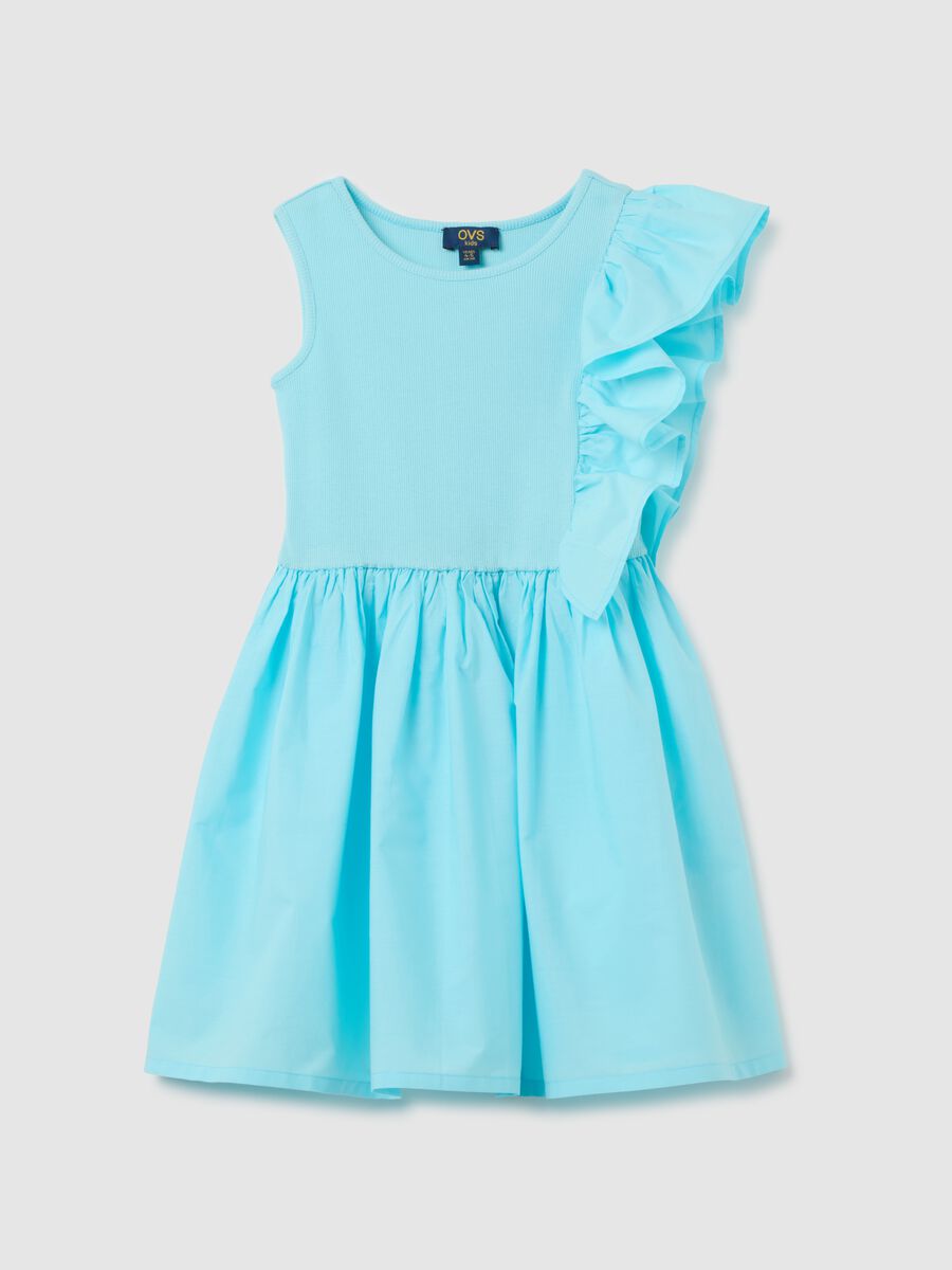 Blue Cotton Regular Fit Girl's Dress with Flounce_0