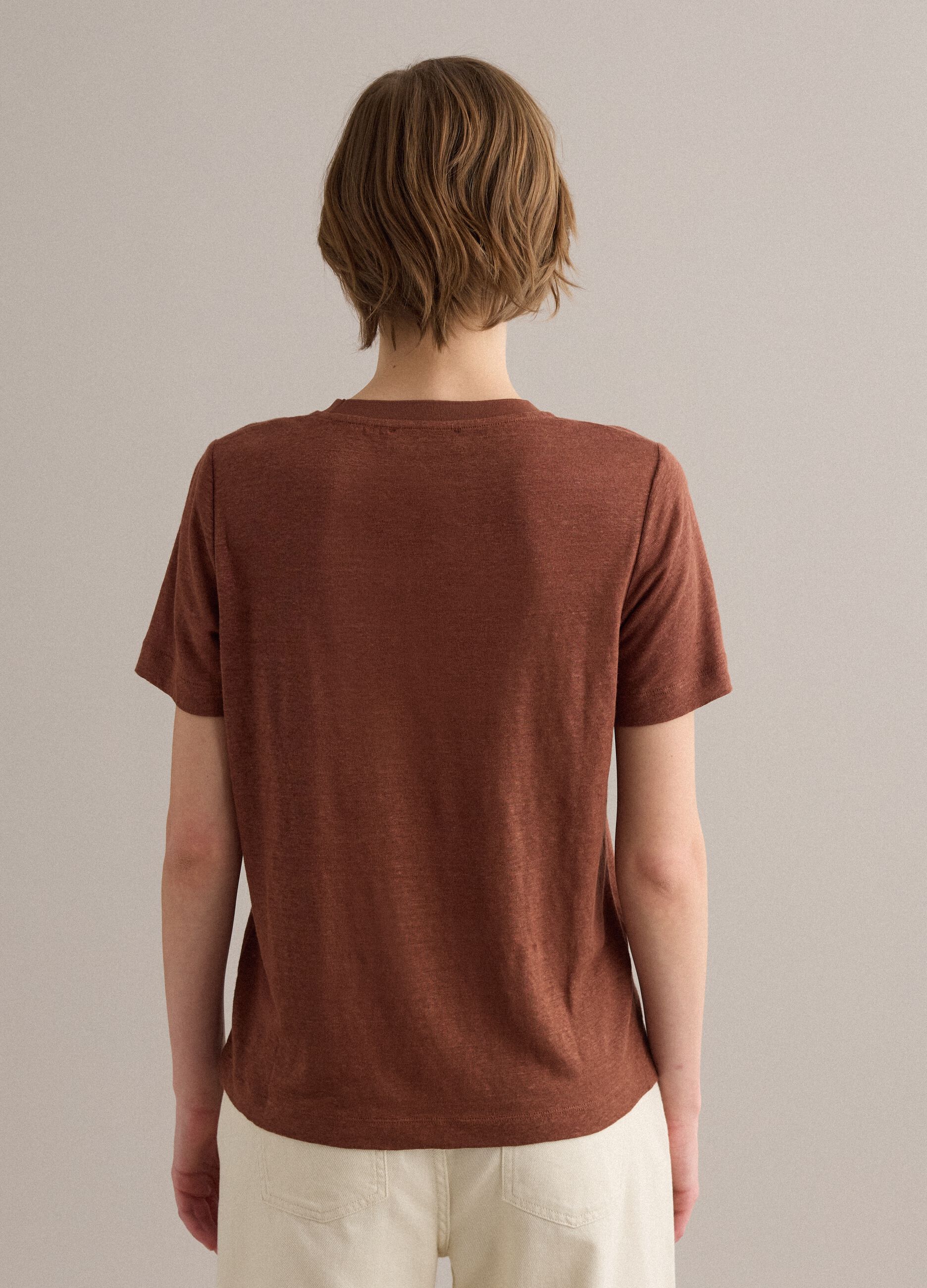 Brown pure linen short-sleeve regular-fit T-shirt
