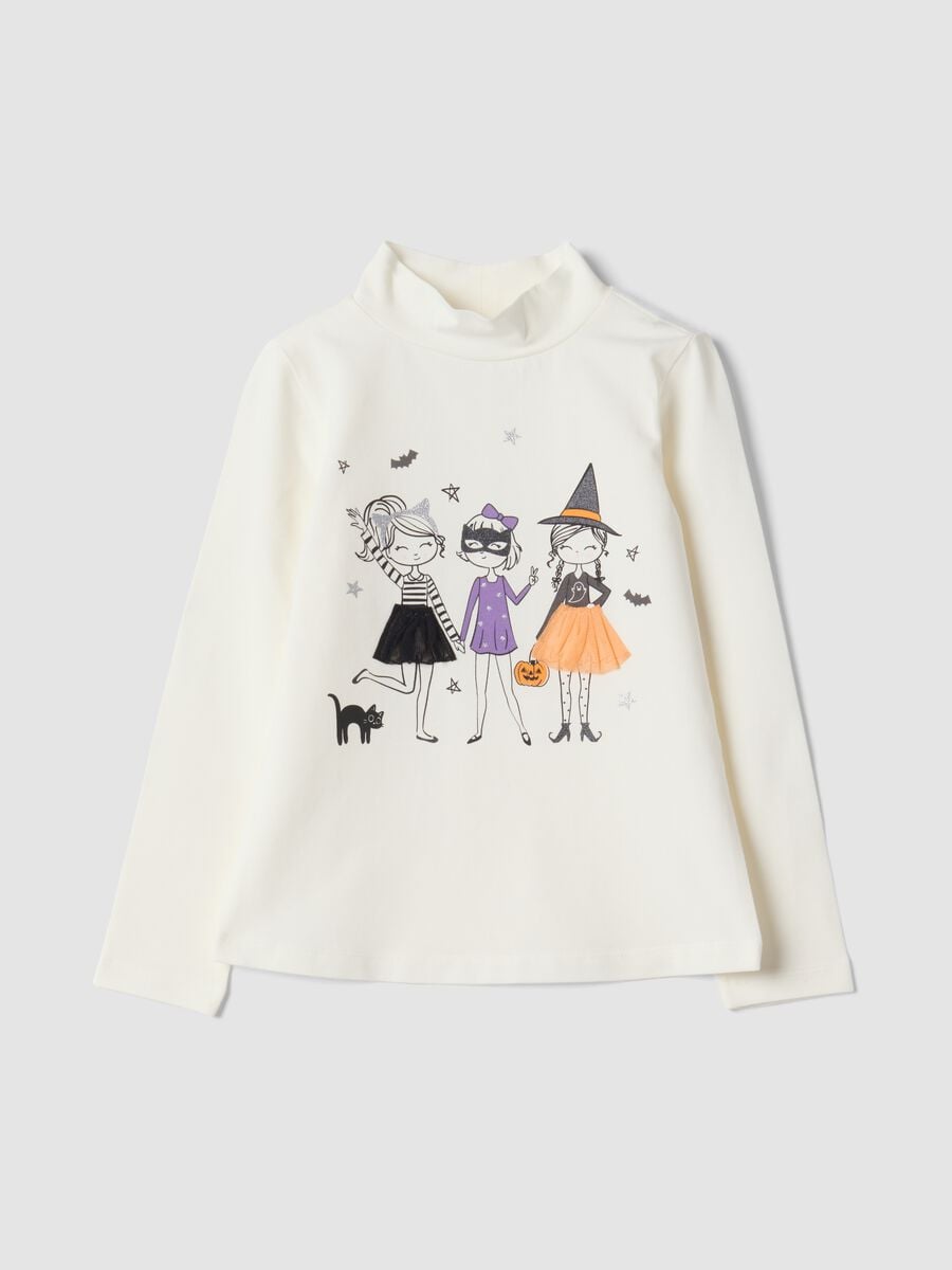 T-shirt bianca in cotone elasticizzato con Collo rialzato_0