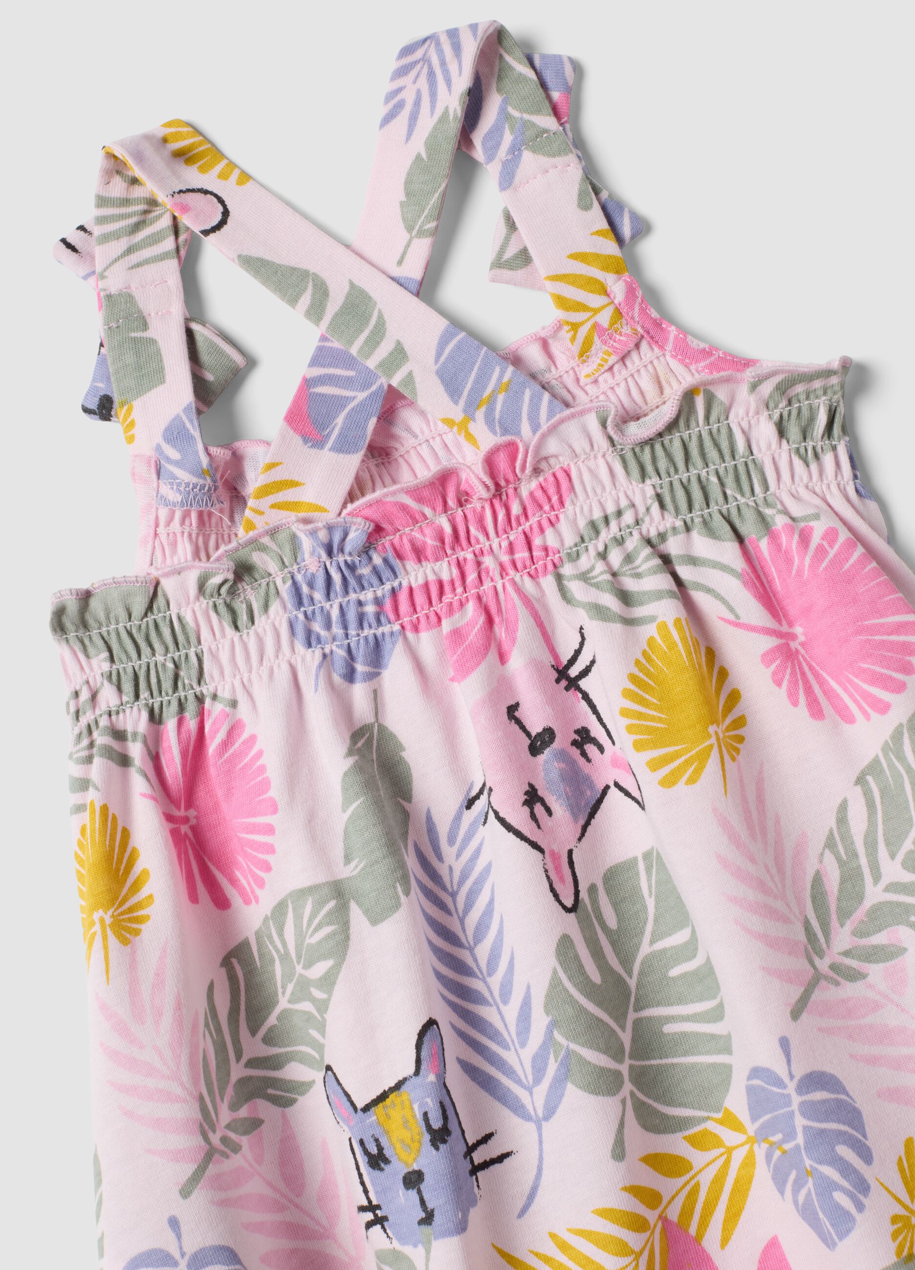 Pink pure cotton dress with tropical print