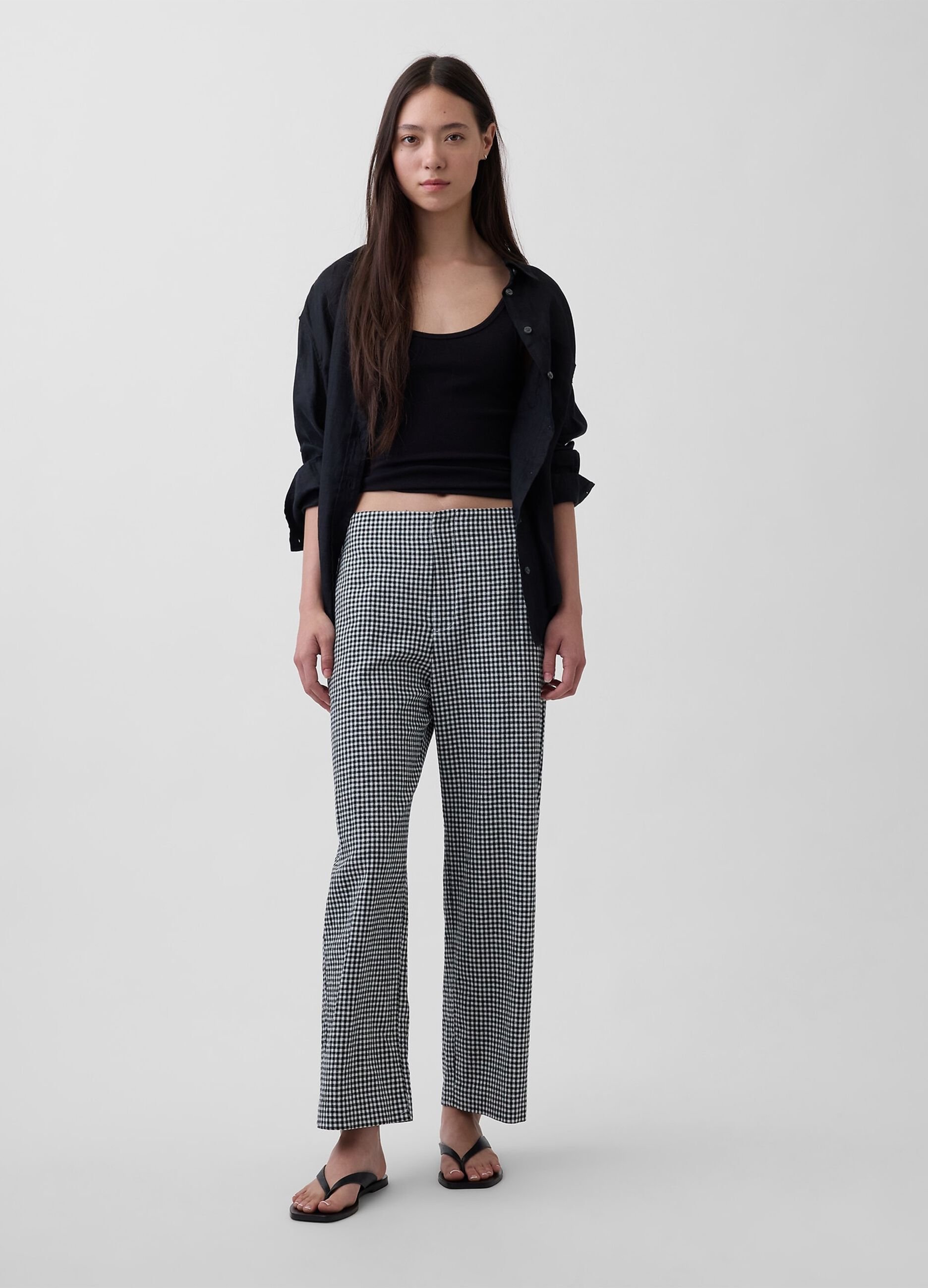 Checked linen-blend trousers