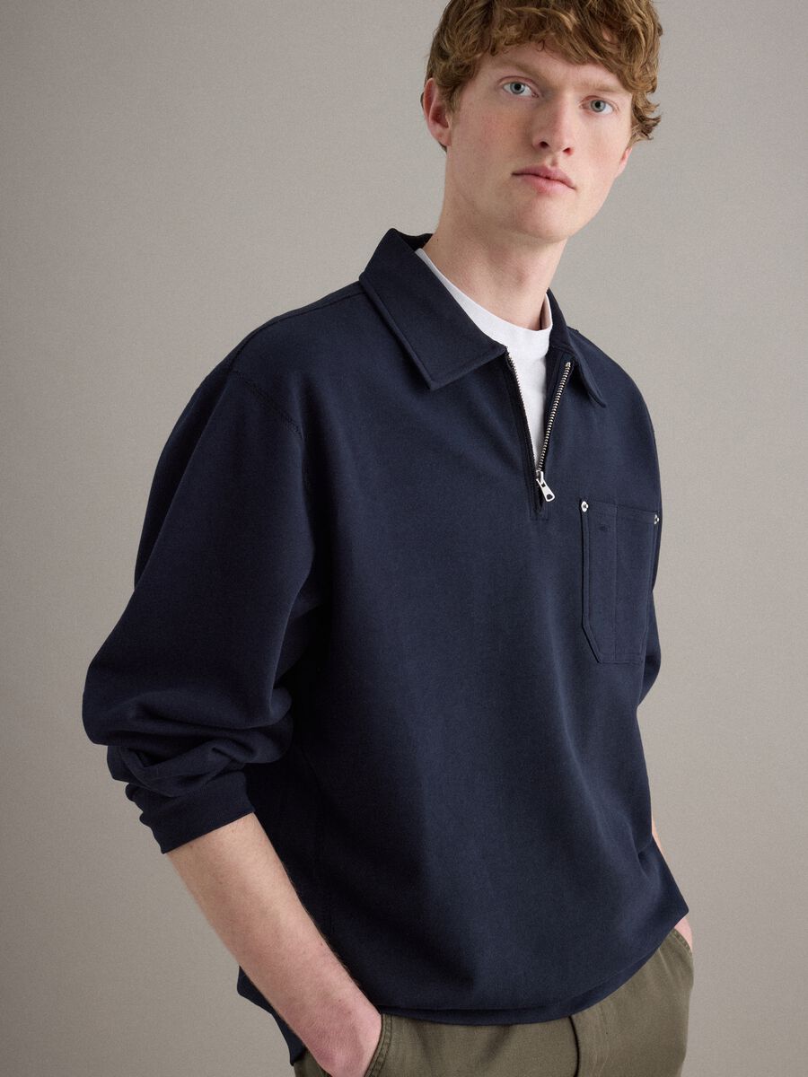 Felpa in puro cotone blu regular fit con mezza zip e colletto_3