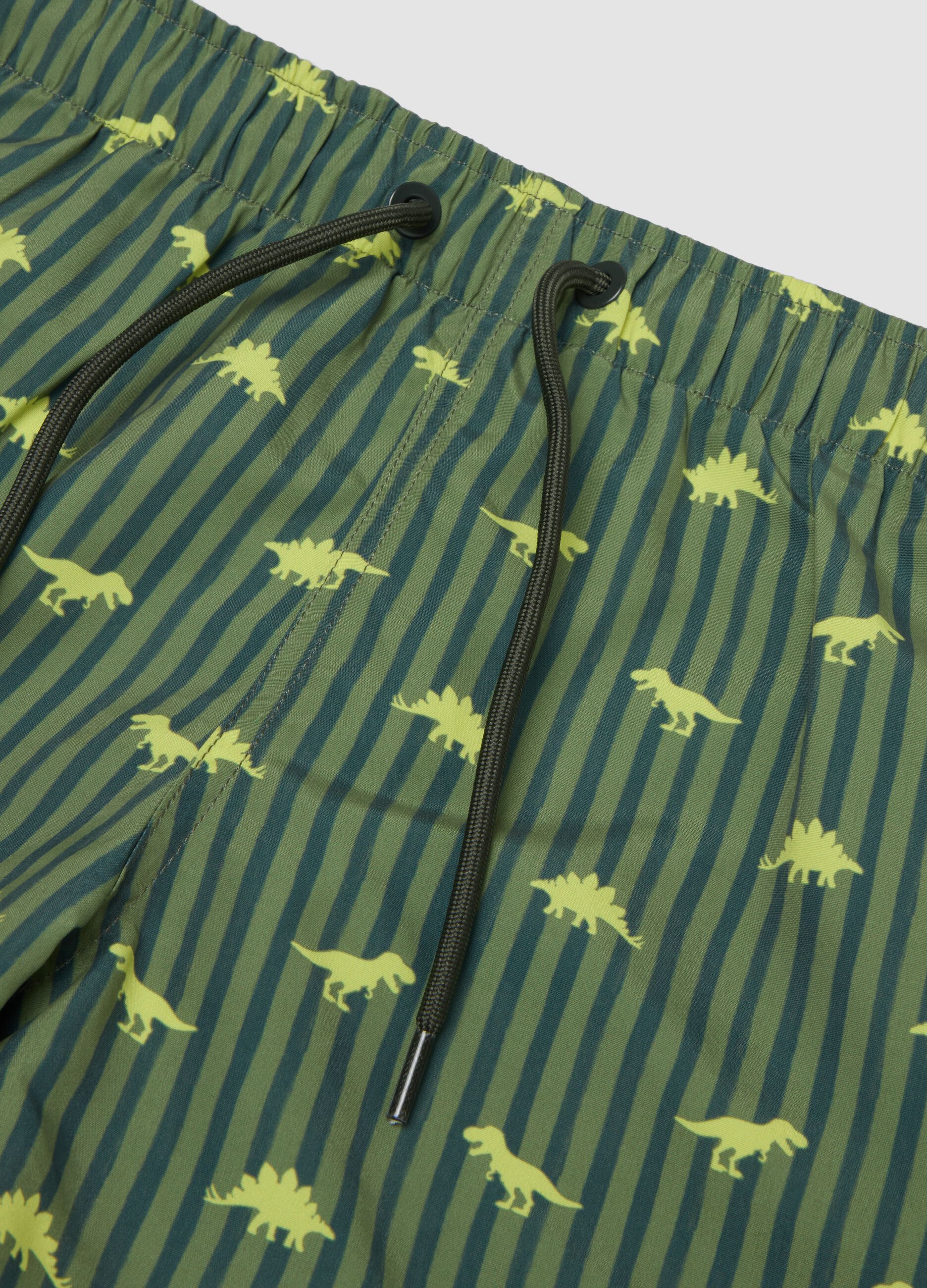 Green striped dinosaur print boys&rsquo; swim shorts