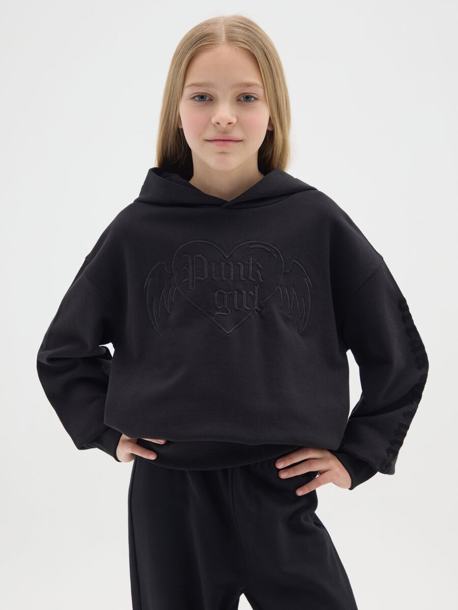 Felpa con cappuccio da ragazze in puro cotone nero _0