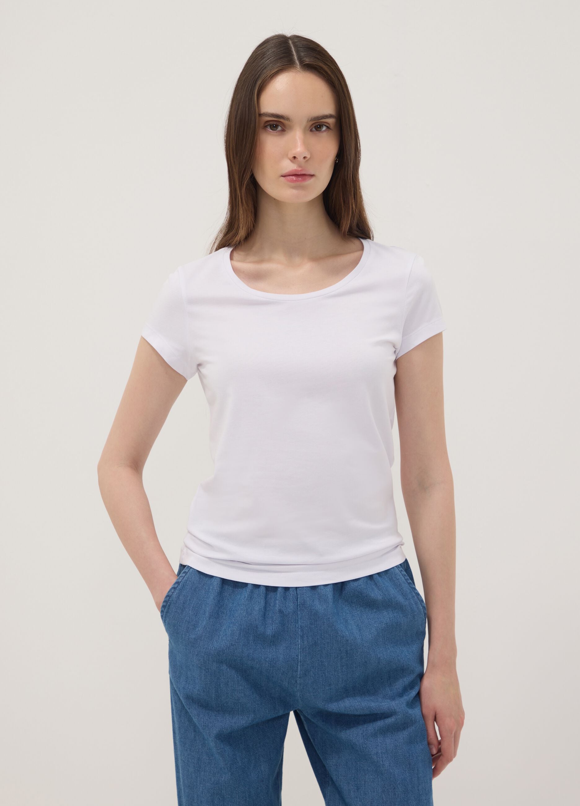 White stretch cotton crew-neck T-shirt, regular fit