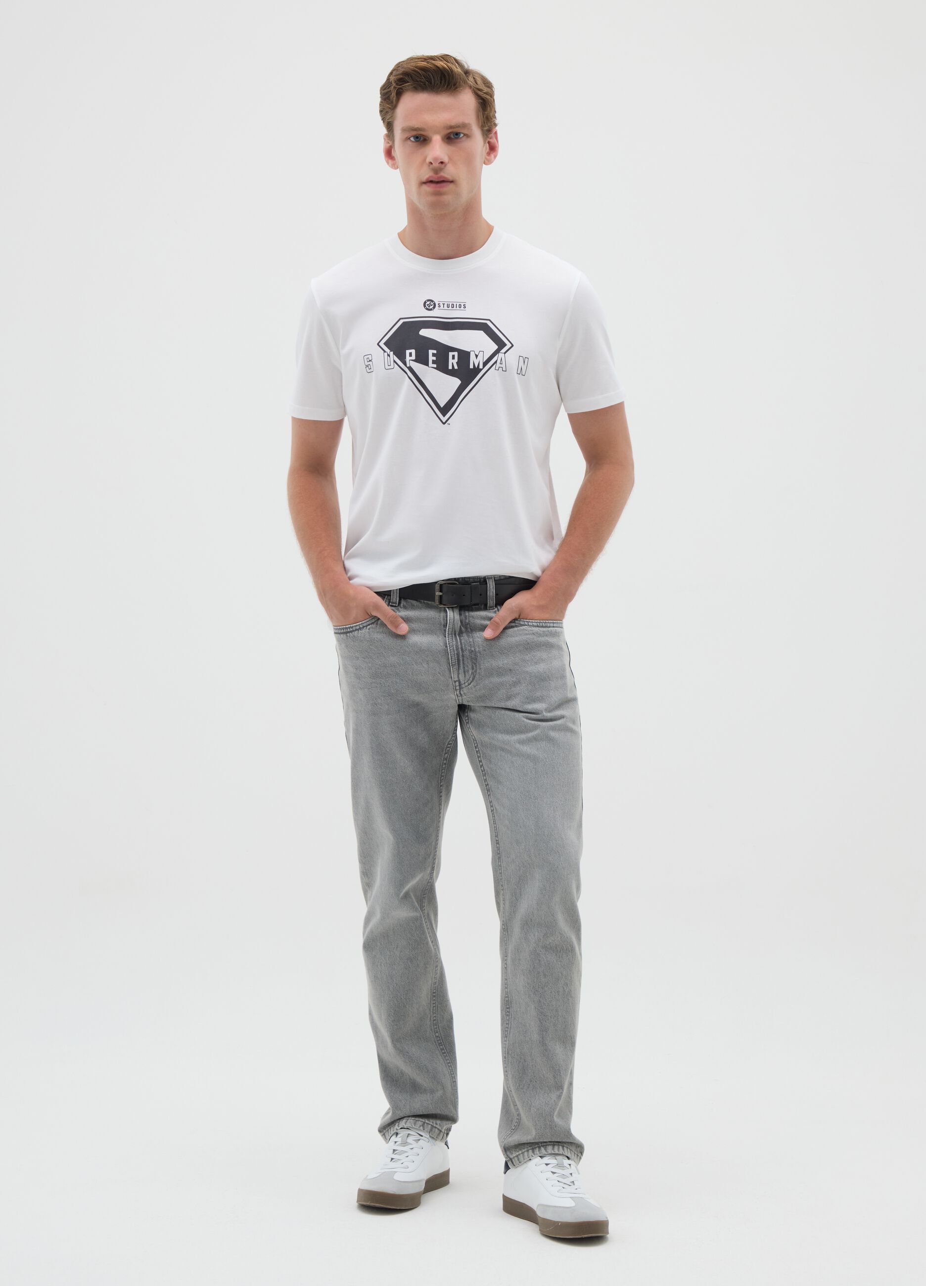Men's white pure cotton T-shirt with Superman logo