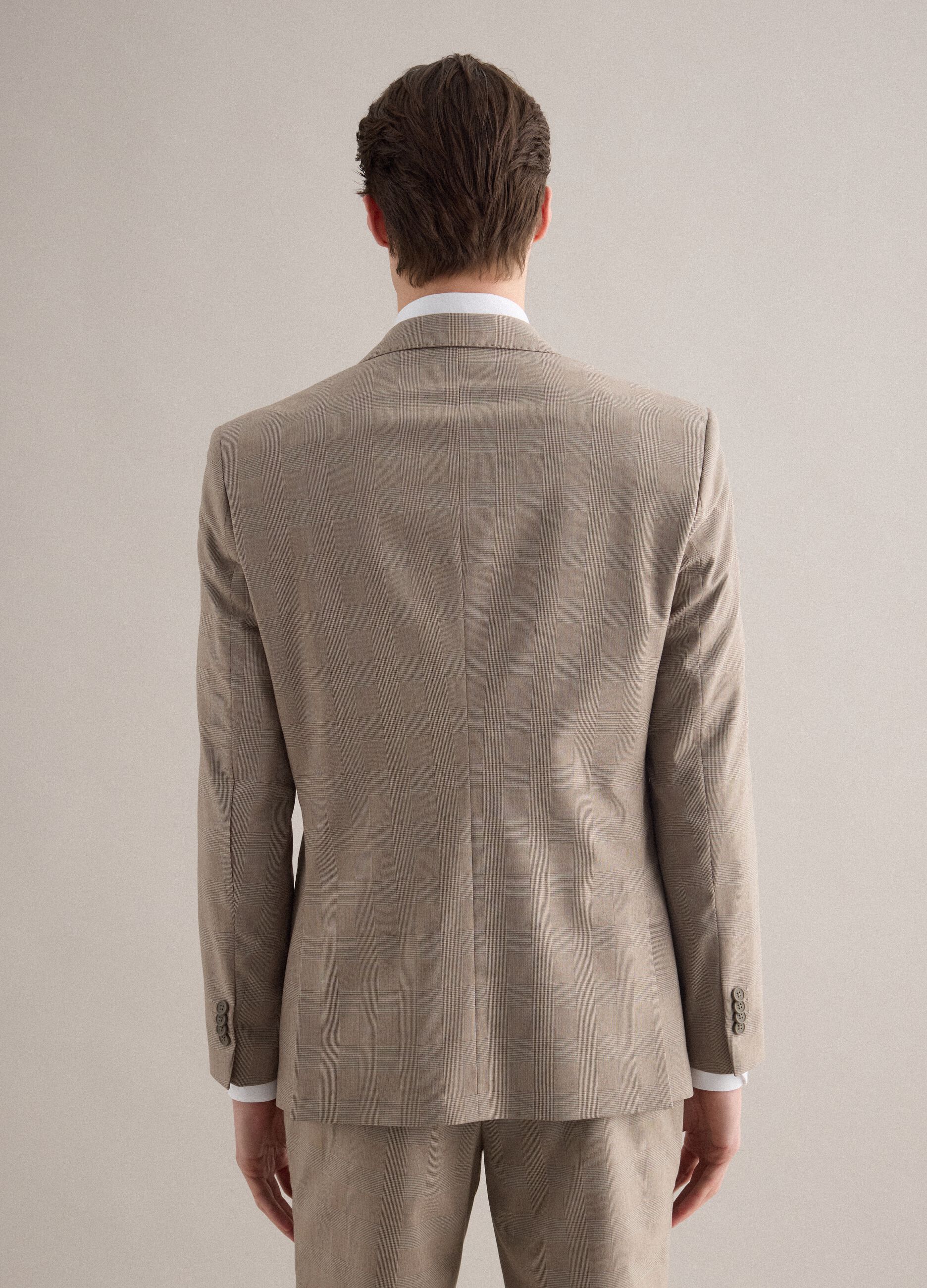 Slim fit beige check cotton blend jacket with lapel