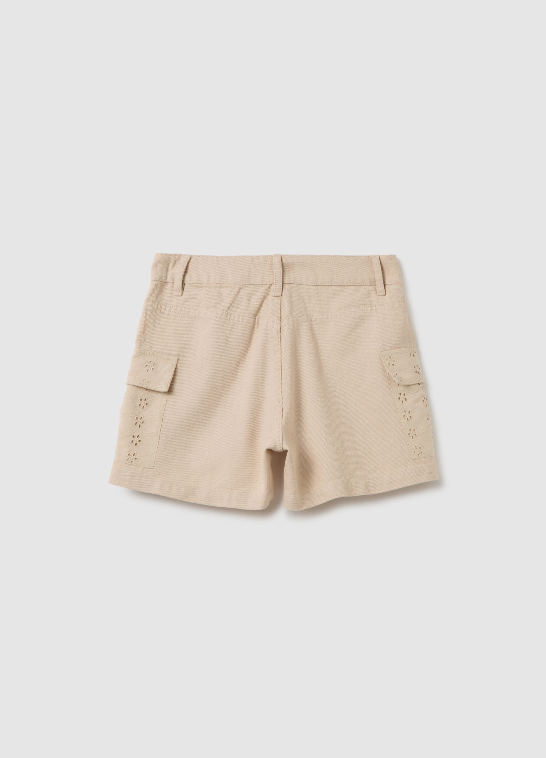 Girls' pure cotton beige regular fit shorts with side pockets