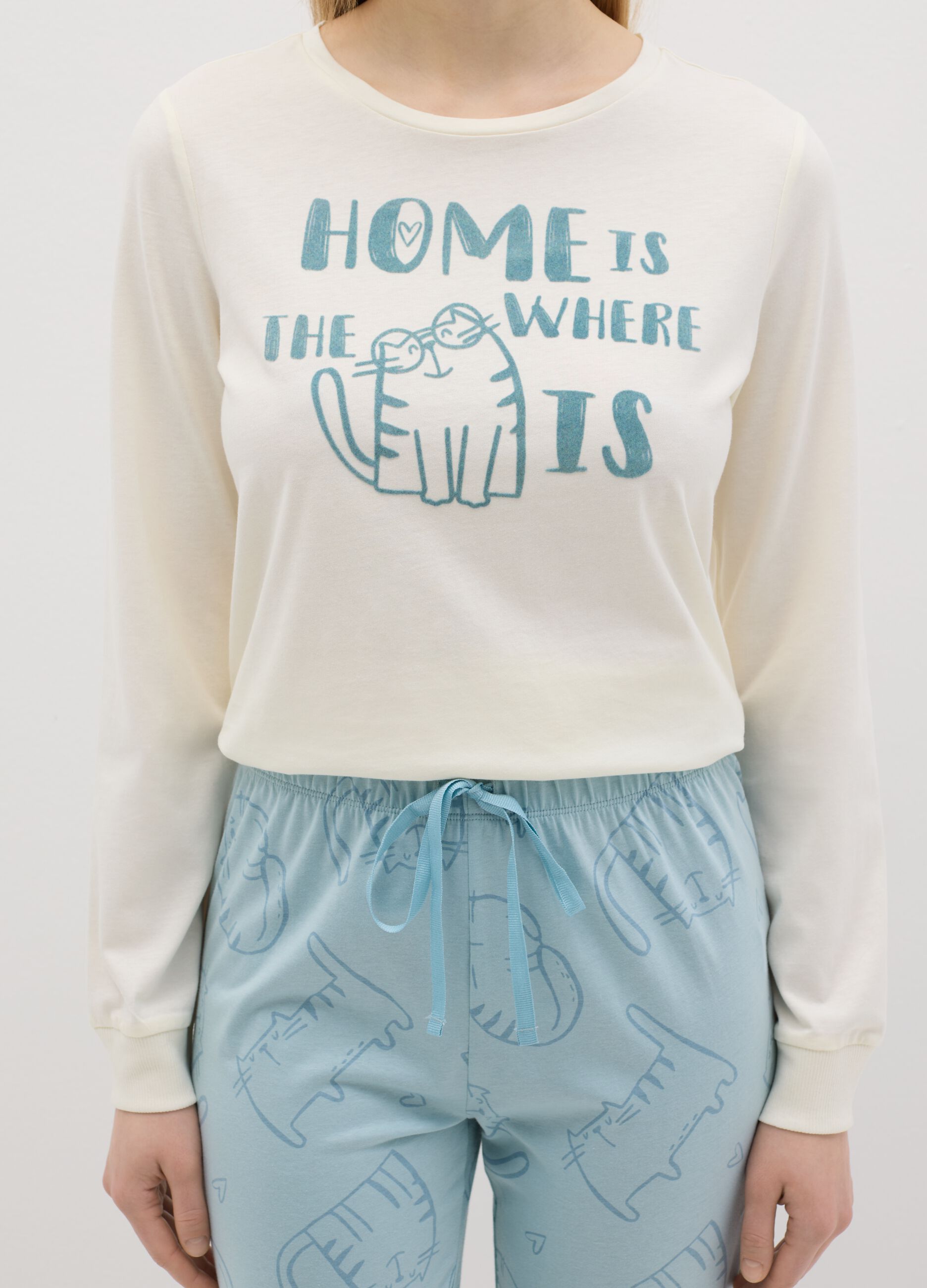White and light blue cotton pyjamas with cat print