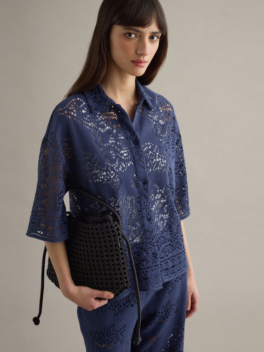 Blue cotton blend polo with regular fit and perforated texture_2